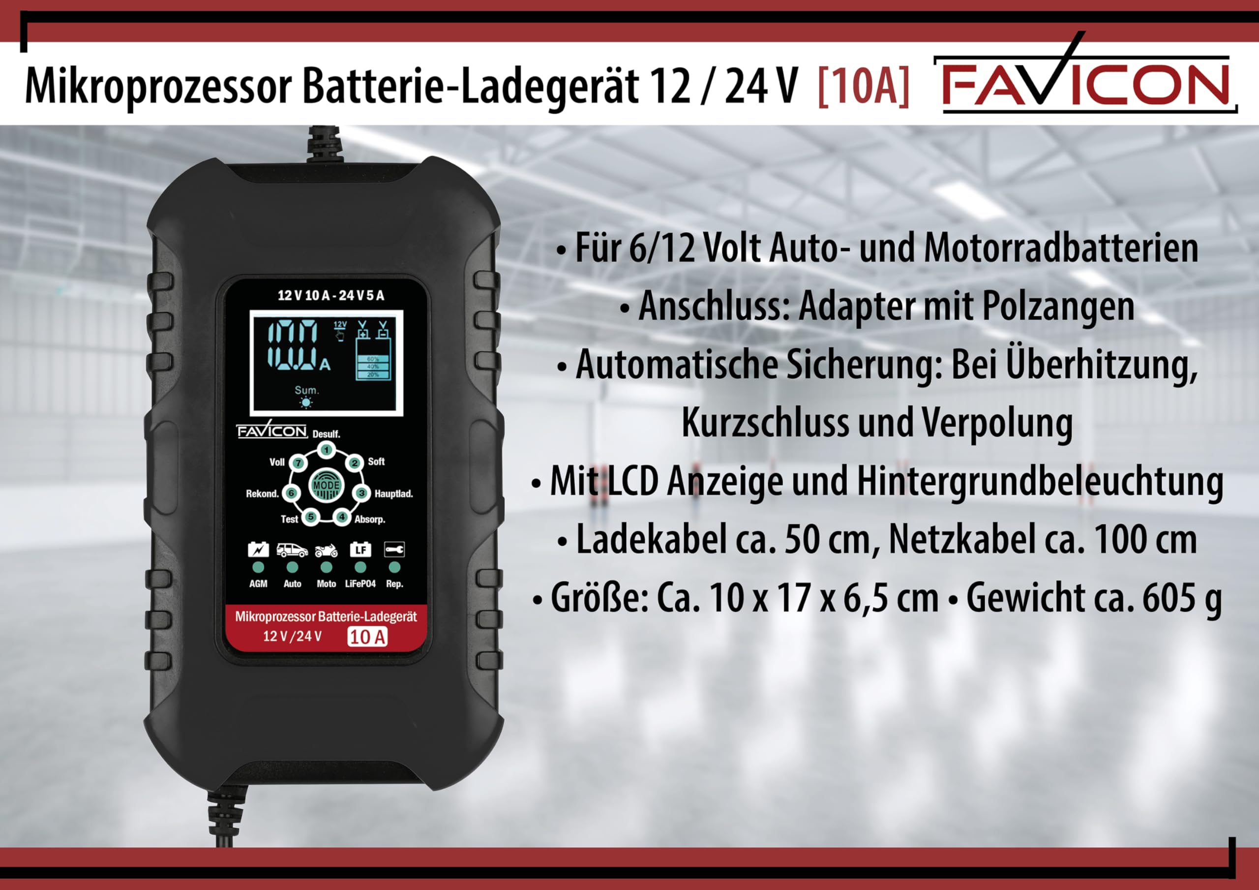 FAVICON Cargador de batería 12 V/24 V – 10 A | Cargador inteligente para baterías AGM, gel, húmedo y ácido de plomo | Tecnología de carga de 7 niveles, análisis de batería y carga de mantenimiento