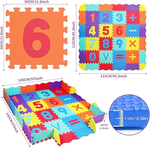 Miniatura 5 de Tapete de juego de espuma, 36 azulejos de espuma entrelazados con valla, grosor de 0.4 pulgadas, 56 x 56 pulgadas, tapete de juego de rompecabezas