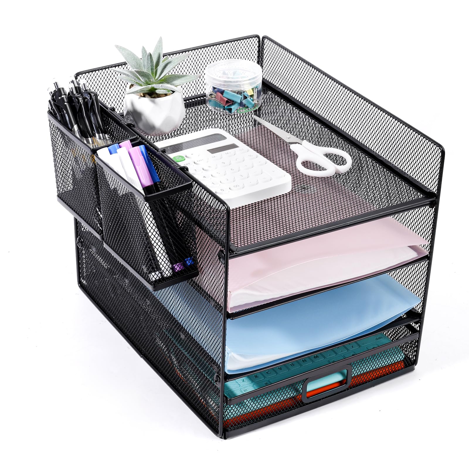 Cinnani Organizador de escritorio,Bandeja de papel de 4niveles con cajón y 2portalápices,organizador de compartimentos de almacenamiento con carpetas,papel,bandeja organizadora de escritorio de metal