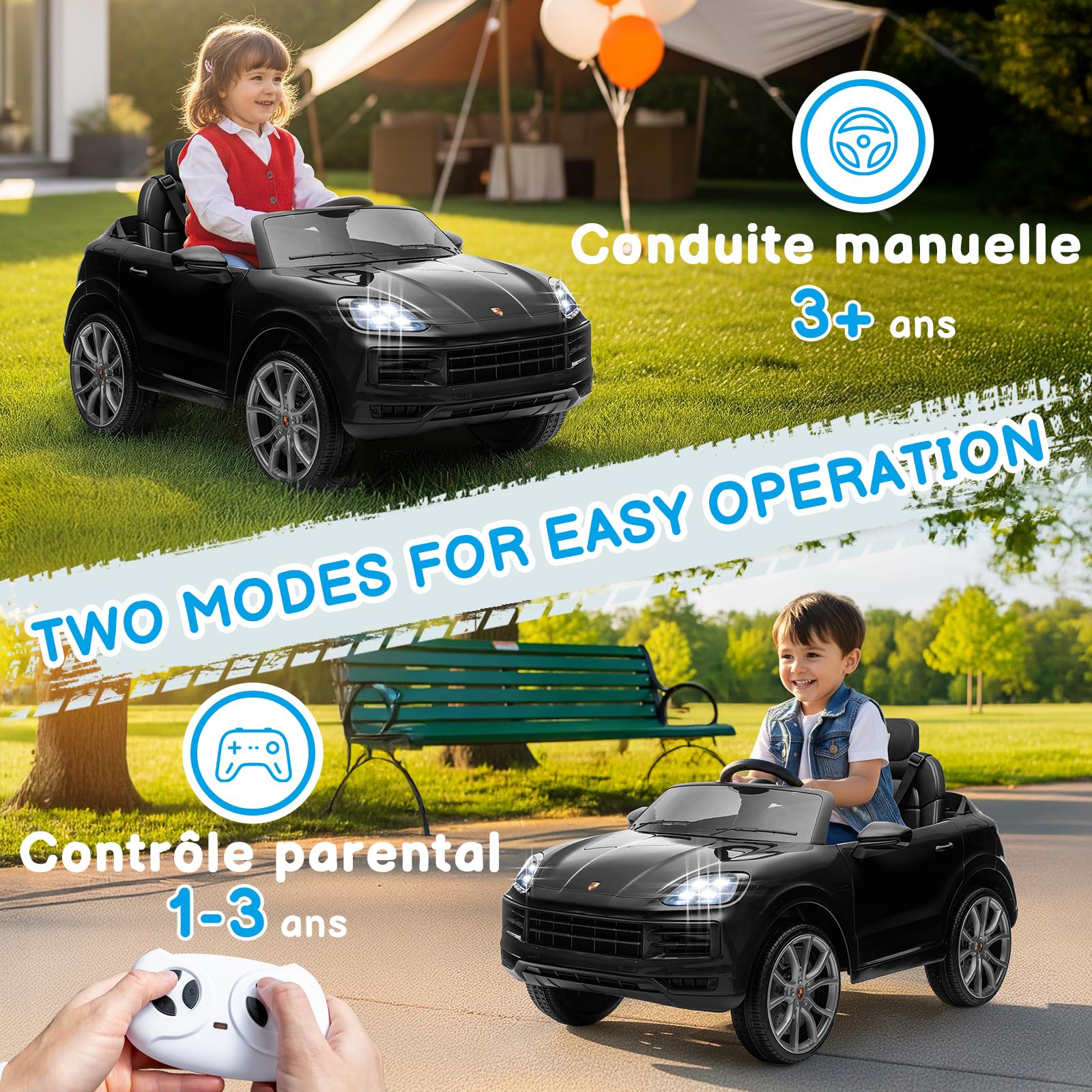 LALAHO Porsche Cayenne Enfant 12V Noir télécommande parentale lumières