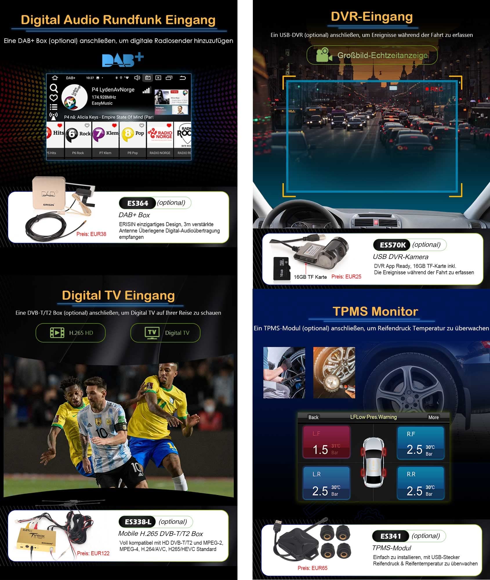 Erisin 7 Zoll 8-Kern 4GB RAM 64GB ROM Android 14 Autoradio 1 Din mit GPS Unterstützt ​Wireless CarPlay Android Auto WiFi Bluetooth 5.0 A2DP DSP OBD2 USB RDS 4G DVB-T2 SWC Split-Screen