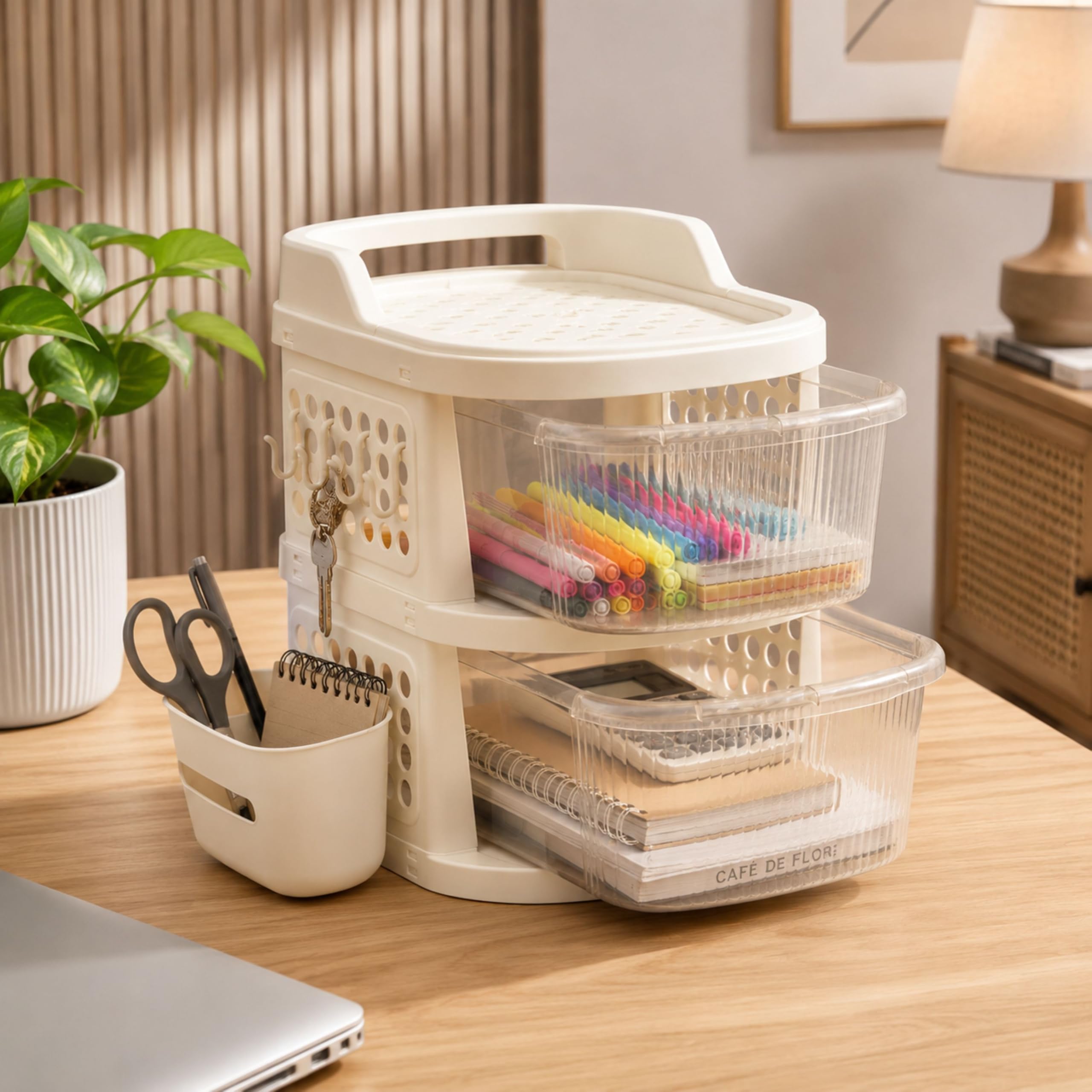 Plastic Storage Drawer Cabinet with Wheels/Modular Storage Drawer Organizer with Side Basket & Integrated Handle/Plastic Storage Trolley Rack for Home/Kitchen– (Transparent Ivory) (2)-image-44