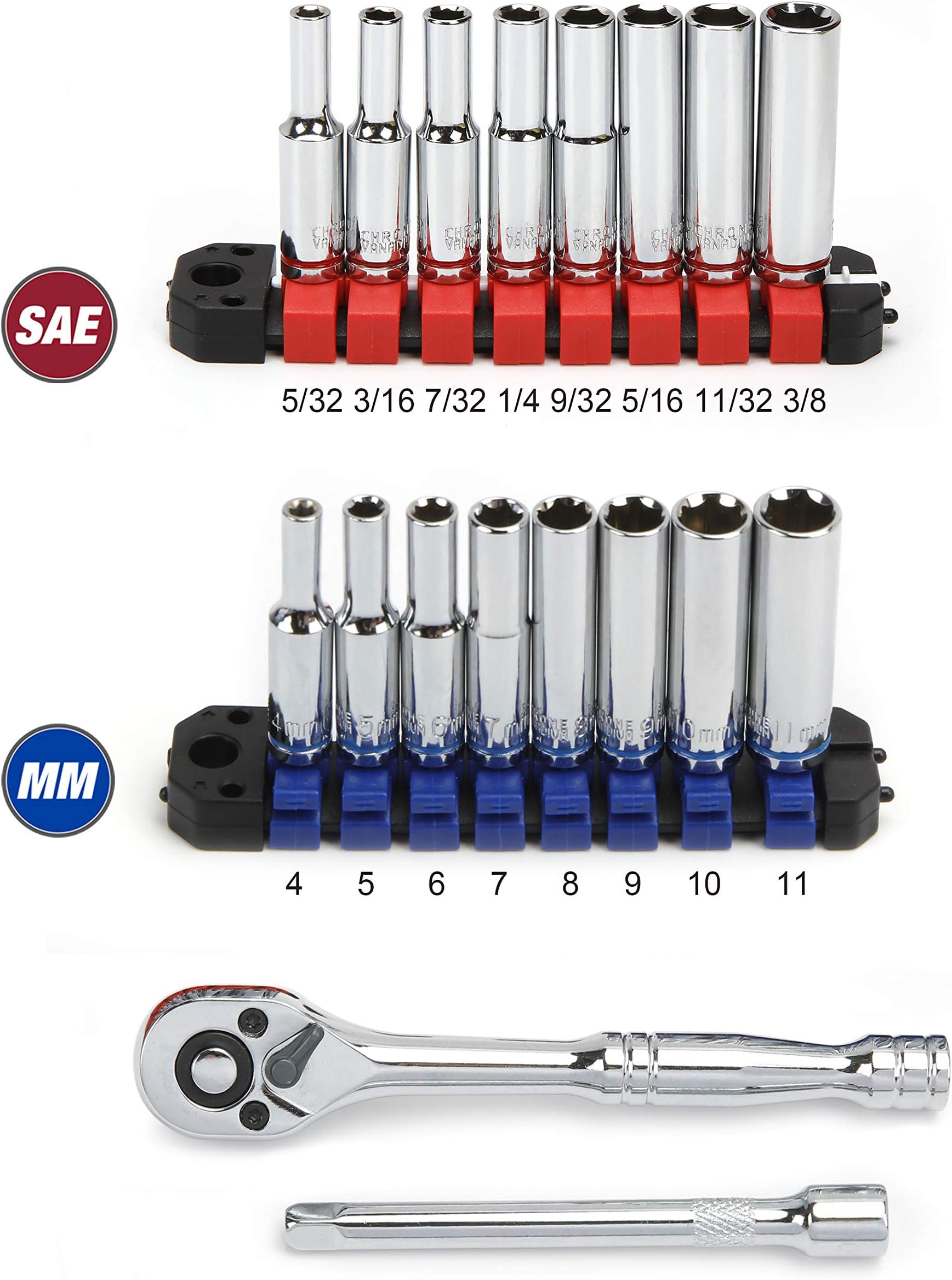 Hyper Tough 20-Piece 1/4-Inch Drive RATCHET & DEEP SOCKET SET SAE & METRIC Socket Holder/Rail