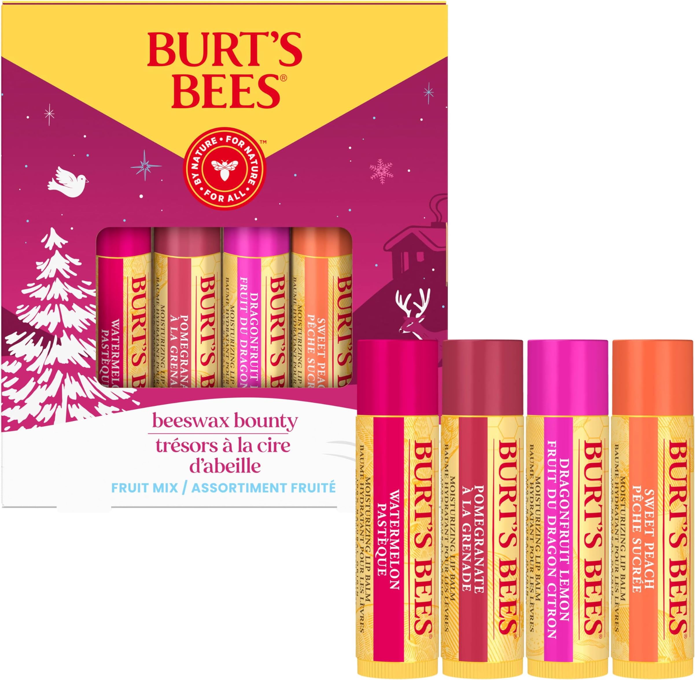Burt's Bees Christmas Gifts, 4 Lip Balms Stocking Stuffers Products, Beeswax Bounty Fruit Mix - Watermelon, Pomegranate, Dragonfruit Lemon & Sweet Peach (Pack of 4)
