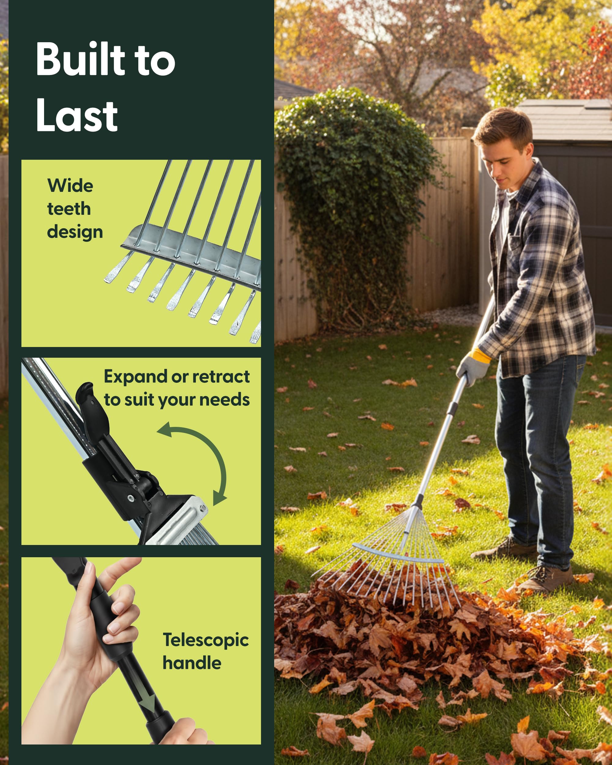 Keplin Garden Rake with Telescopic Handle – 80 to160cm Adjustable Rake, 15 Tine Expanding Metal Rake for Leaves, Lawn, Yard & Soil Cleanup, Foldable Space-Saving Design, Versatile Garden Tool — view 2