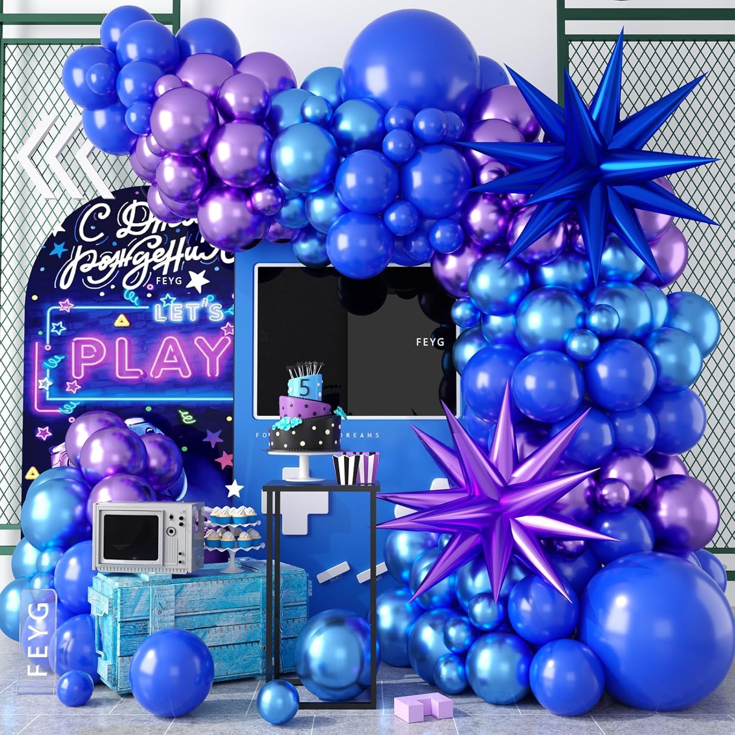 Purple Blue Balloon Arch Kit, Metallic Purple and Blue Balloons Garland Kit with Star Balloons Party Birthday Balloons for Boys Video Game Birthday