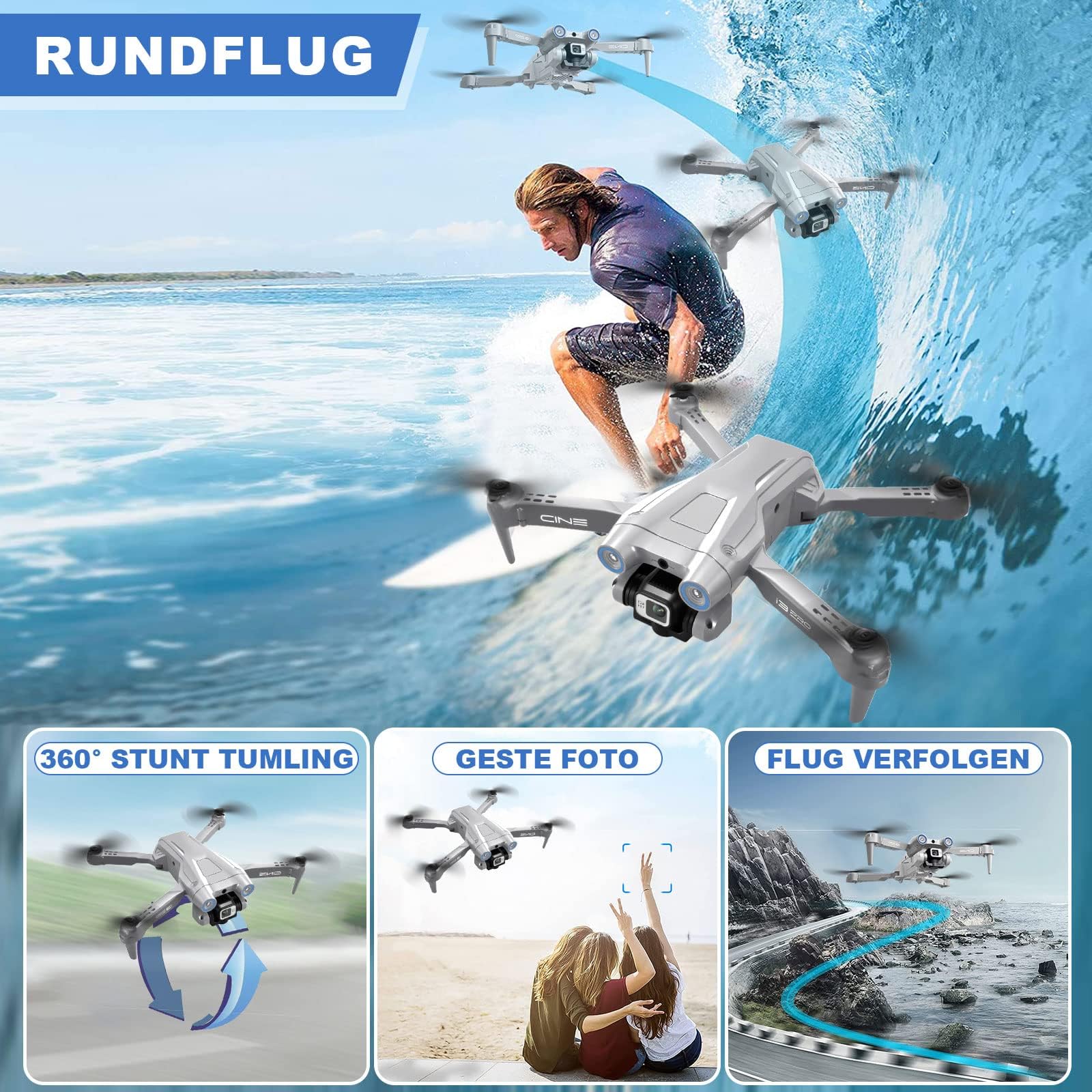 MINGPINHUIUS Drone teledirigido con cámara Dual 4K HD, 1080P RC Quadcopter, Incluye 2 Pilas, Modo sin Cabeza, Control de Gestos para Principiantes (Gris)