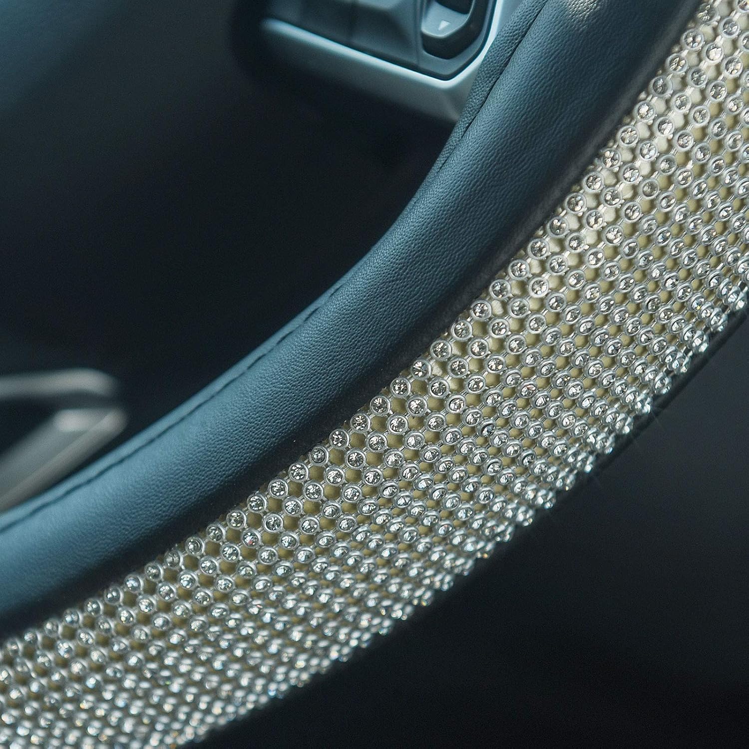 ChuLian D Sharp Diamond Leather Steering Wheel Cover with Bling Crystal | Universal Fit 15 Inch Car Wheel Protector for Women Girls with Bling Rhinestones,Black