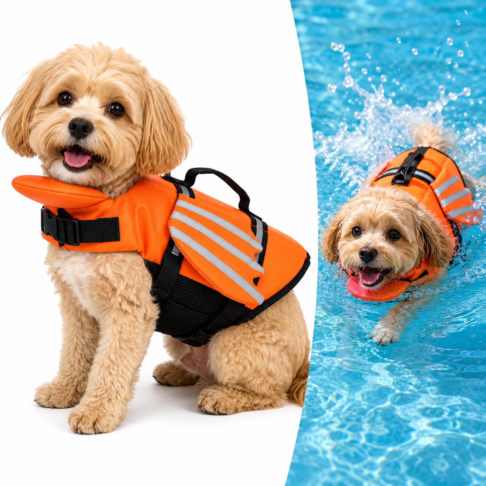 Dog Life Jacket with Chin Float & Angel Wings, High Buoyancy Reflective Dog Life Vest with Rescue Handle,Adjustable Waterproof Float Coat for Small Medium Large Dogs for Pool Boating，Orange：XS