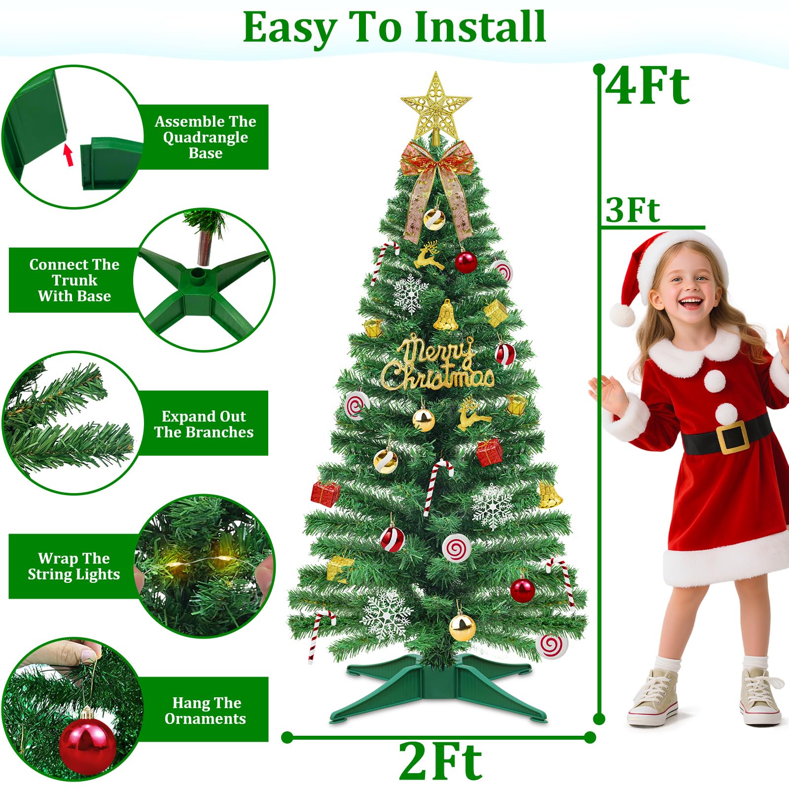 [71 ornements] Sapin de Noël artificiel de 1,2 m avec 100 étoiles blanches chaudes en 3D avec panneau « Merry Christmas » en forme de boule, nœud, cerf, flocon de neige, boîte cadeau, minuteur, arbre