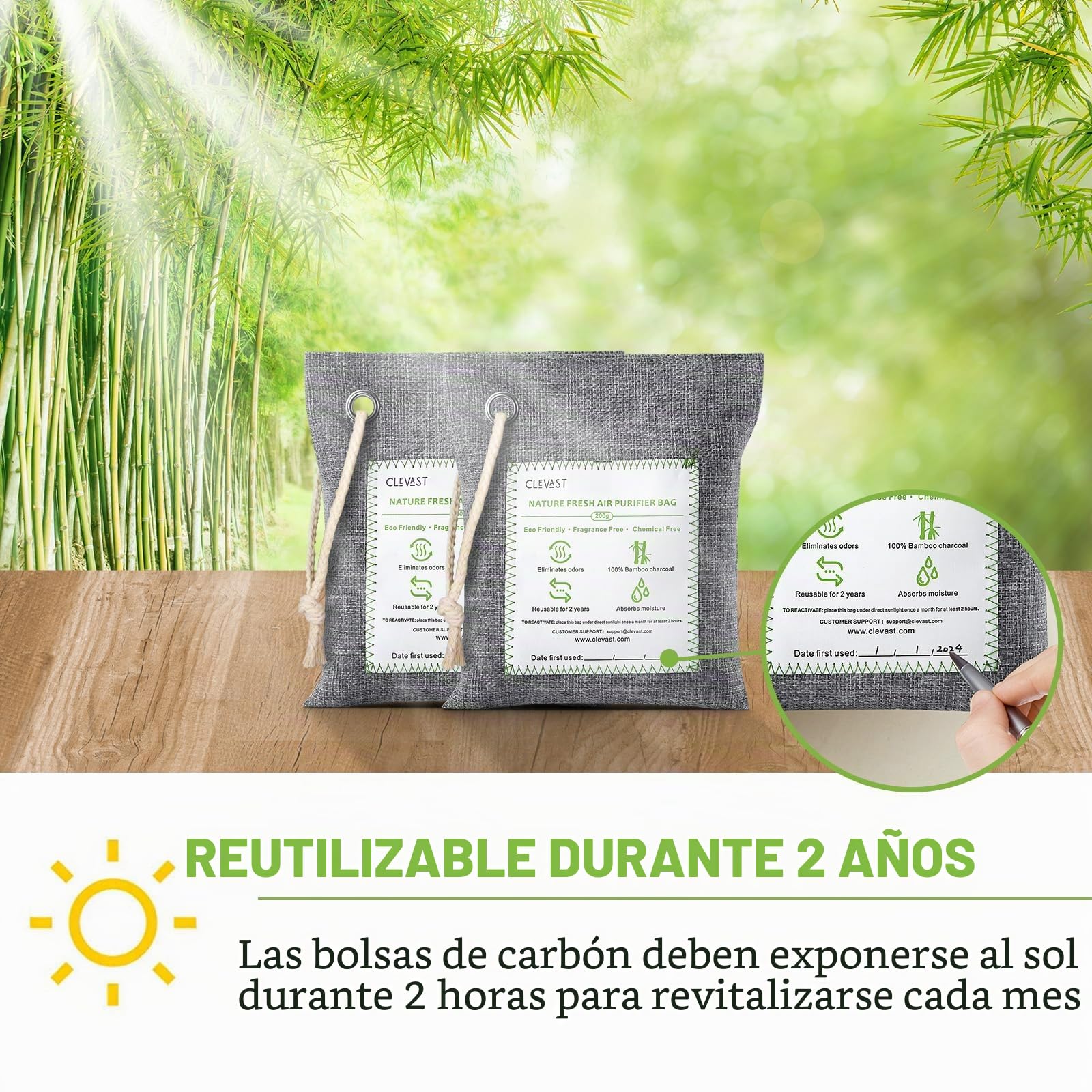 CLEVAST Bolsas Purificadoras de Aire de Carbón de Bambú (50g*12+200g*2), Desodorizante y Purificador Eliminador de Humedad para Armario, Calzado, Ambientador de Coche.