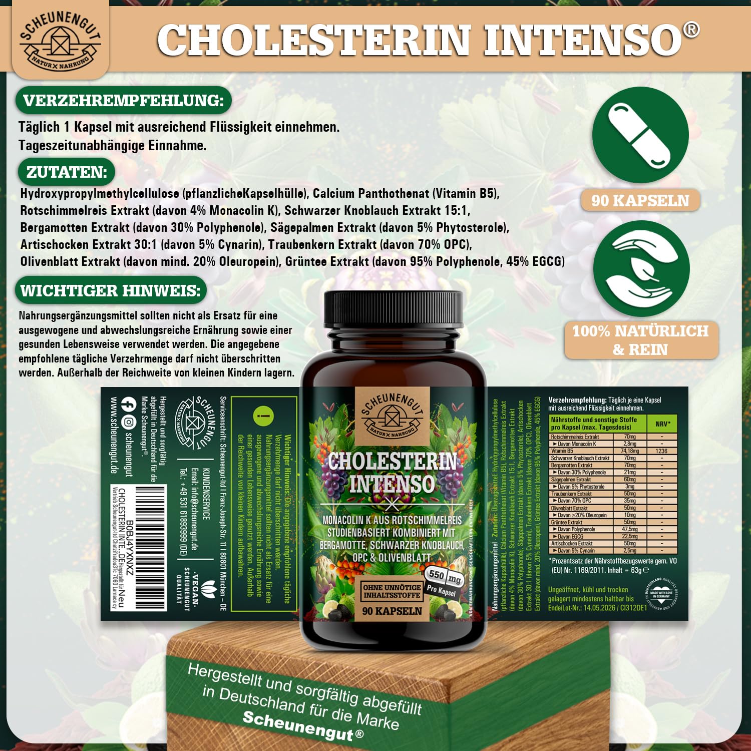 CHOLESTERIN INTENSO® Roter Reis -WICHTIG: Cholesterin Kapseln mit Monacolin K, Schwarzer Knoblauch, Bergamotte, Artischocke etc -Roter Reis Kapseln- 90Stk DE SCHEUNENGUT®
