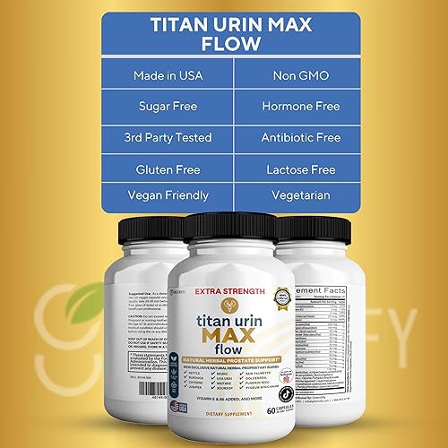 Miniatura 3 de Titan Urin Max Flow Suplemento natural para próstata, 60 cápsulas, complejo herbario extra fuerte con palma enana americana, vitaminas E y B6 (1)
