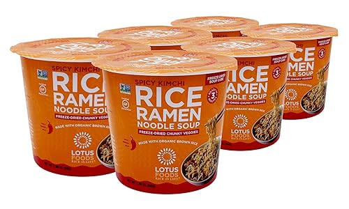 Lotus Foods Sopa picante de fideos ramen de arroz Kimchi con taza de verduras gruesas liofilizadas, 1.98 onzas, 6 unidades