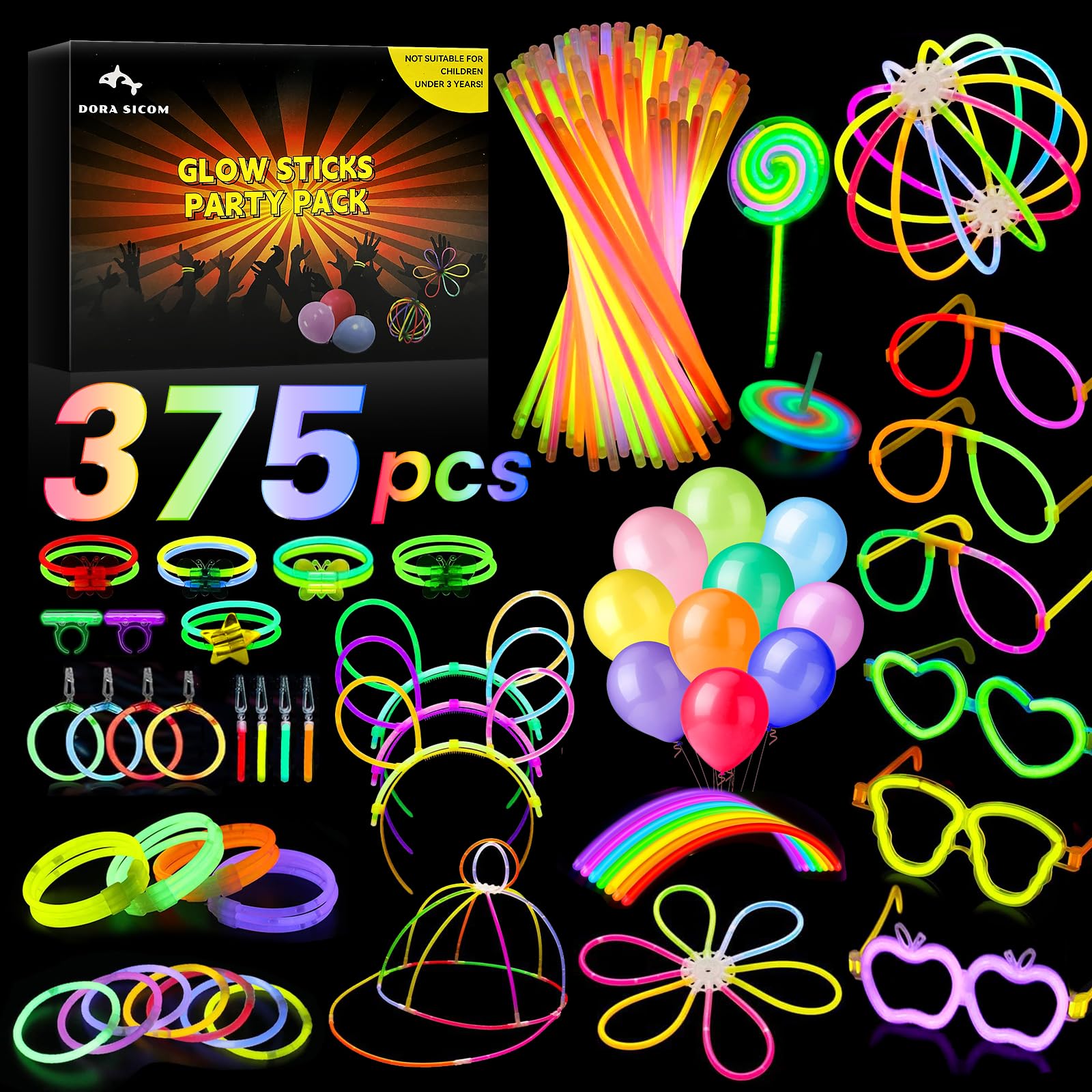 Dora Sicom Pulseras Luminosas Fluorescentes，barras luminosas fluorescentes，pulseras fluorescentes para Celebraciones Inolvidables/375 piezas