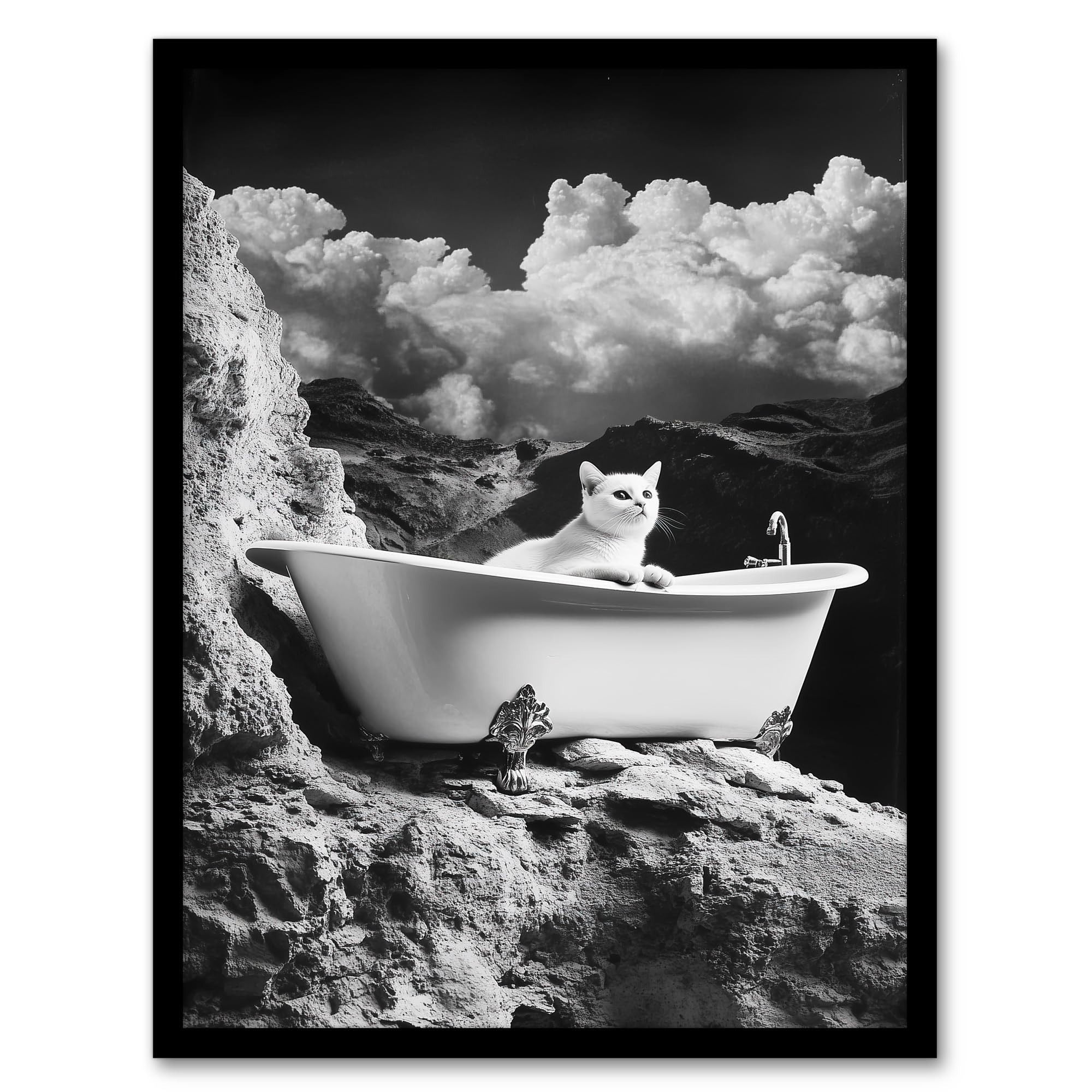 Artery8 Cat Lover Pet Bathtub on Mountain Cliff Surreal Bathroom Toilet Artwork Framed Wall Art Print 18X24 Inch