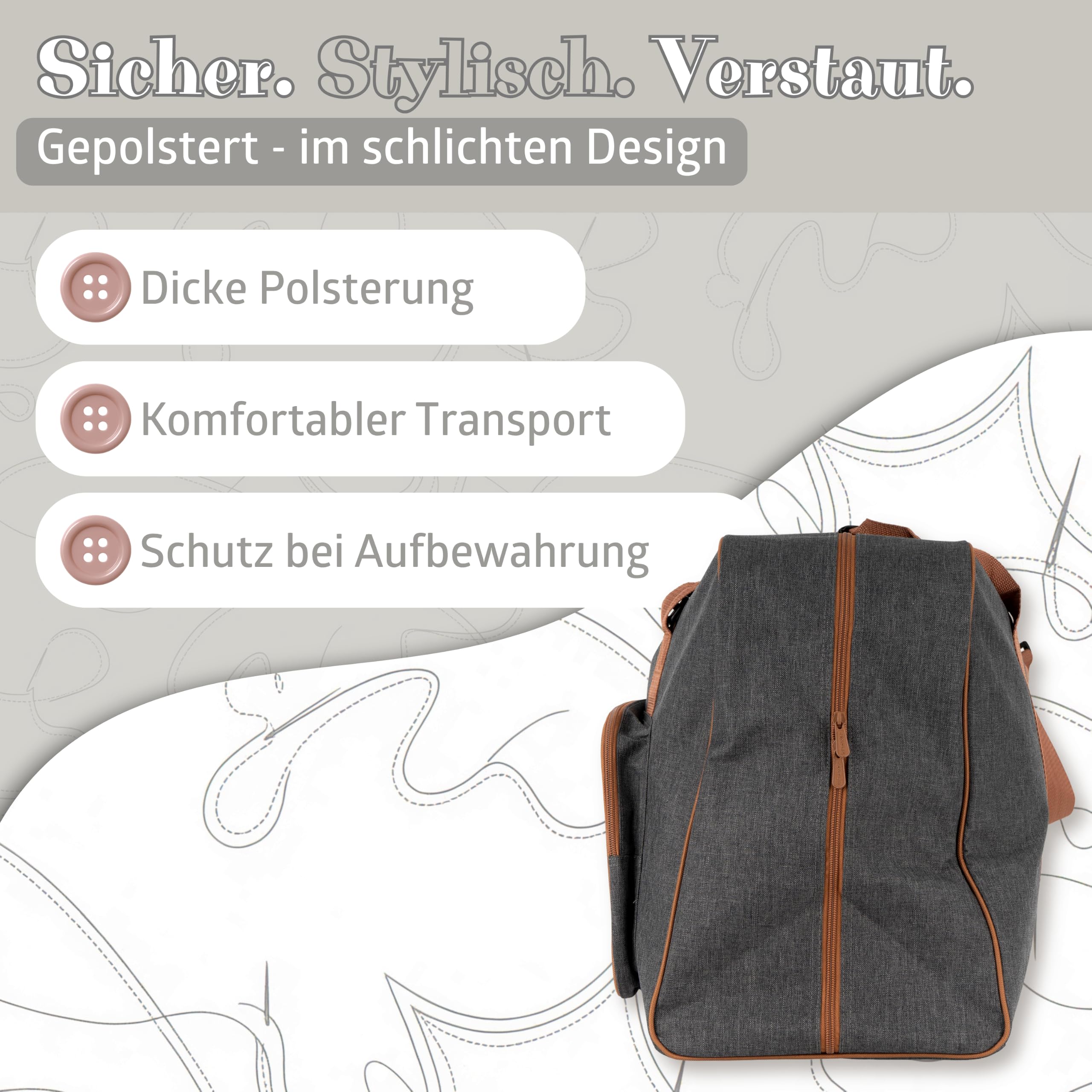SEMPLIX Nähmaschinentasche XL – Große Transporttasche für Haushaltsnähmaschinen, Stabiler Boden, viel Stauraum, Tragegriffe anthrazit/braun (52 x 40 x 27 cm)