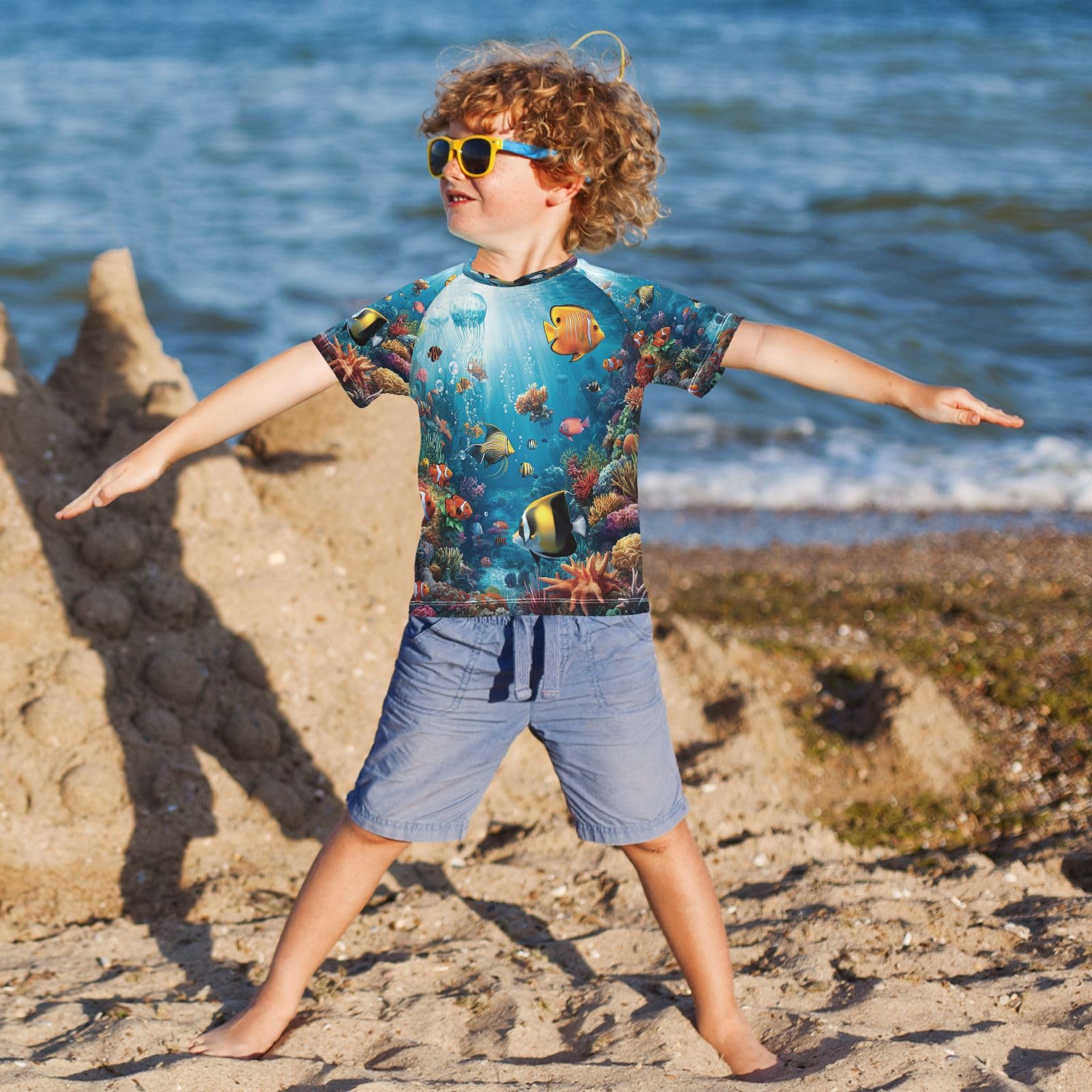 Boys Sun Shirts UV Protection Short Sleeve Rash Guard Swim Shirt Ocean Theme Water Shirt Rashguard 4T,96