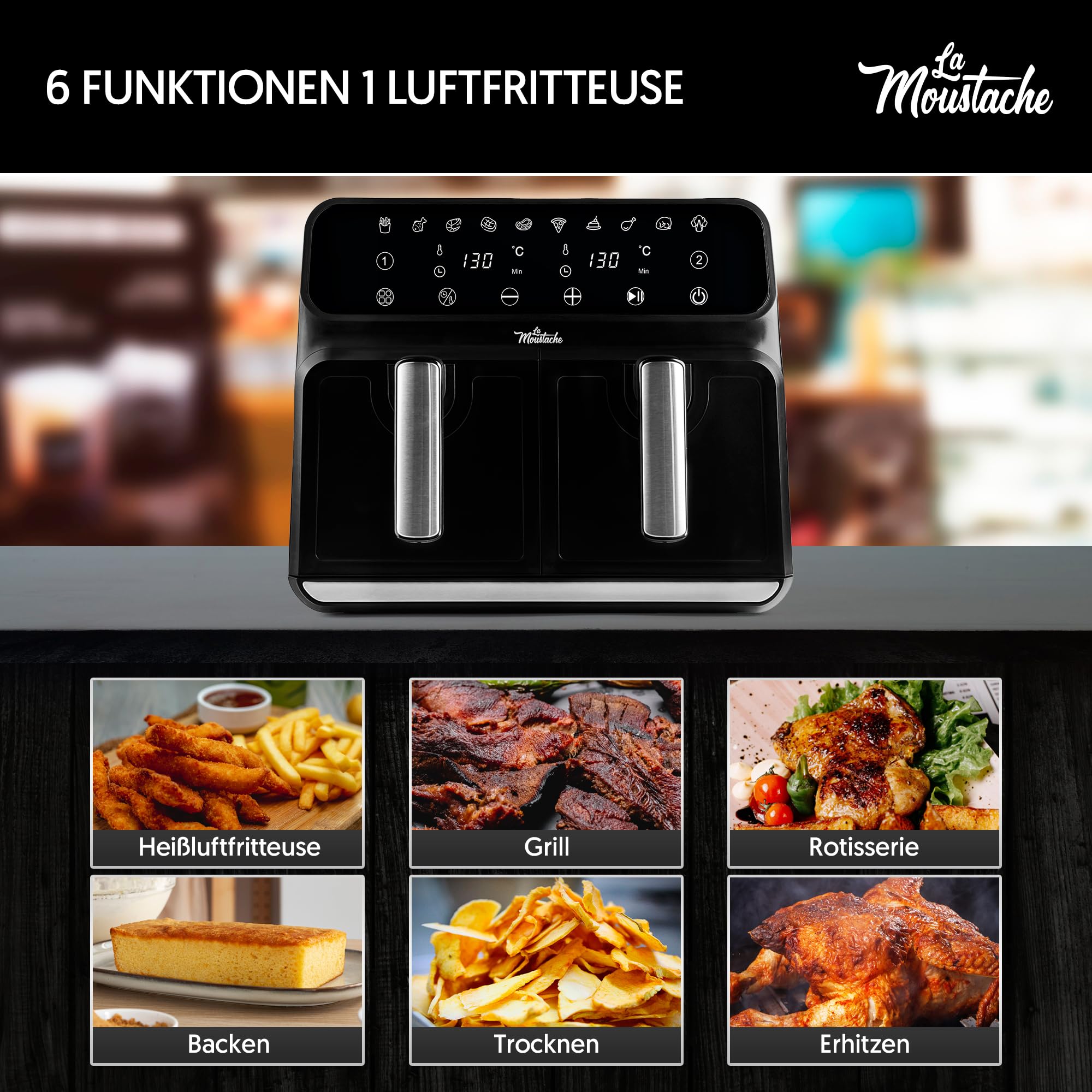 La Moustache - Heißluftfritteuse XXL, 2 Fächer, 8L Inklusive【E-Book mit 50 Rezepten】6 Kochfunktionen, 10 Programme, Air Fryer mit Antihaftbeschichtung, Max 220°C, Timer, 1700W (DuoFry Black)