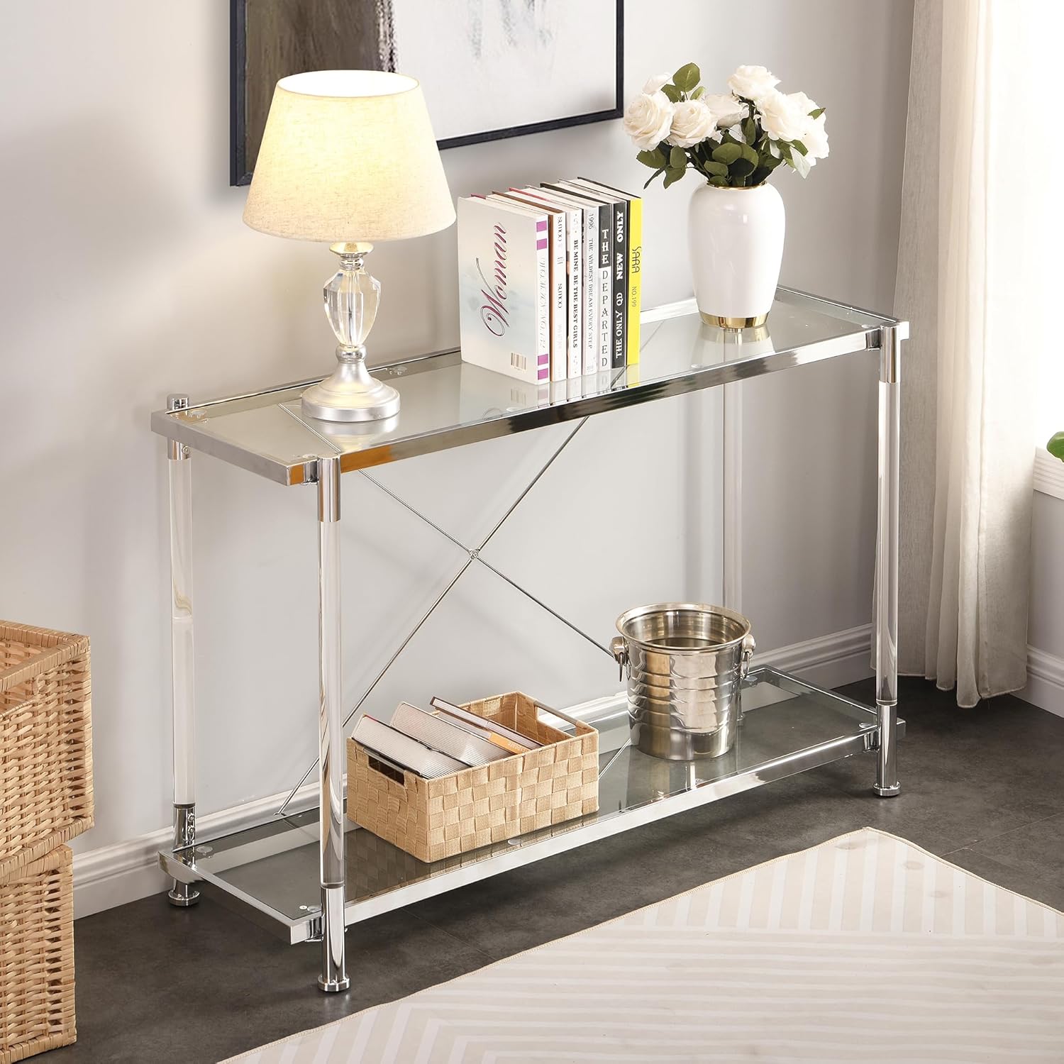 Sybrioka Glass Console Tables for Entryway, Acrylic Chrome
