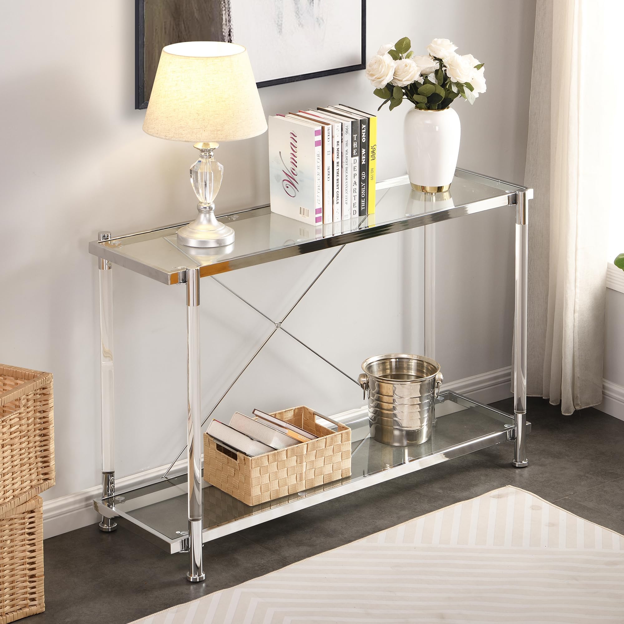 Glass Console Tables for Entryway, Acrylic Chrome Silver Sofa Side Table Metal Leg, Long Narrow Entryway Table for Small Space Hallway Living Room (Silver, Entryway Table)