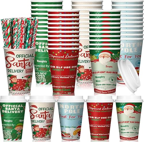 Miniatura 1 de Uiifan Paquete de 50 vasos desechables de Navidad con tapas y pajitas para niños, de 16 onzas, vasos desechables de Navidad con tapas y popote para