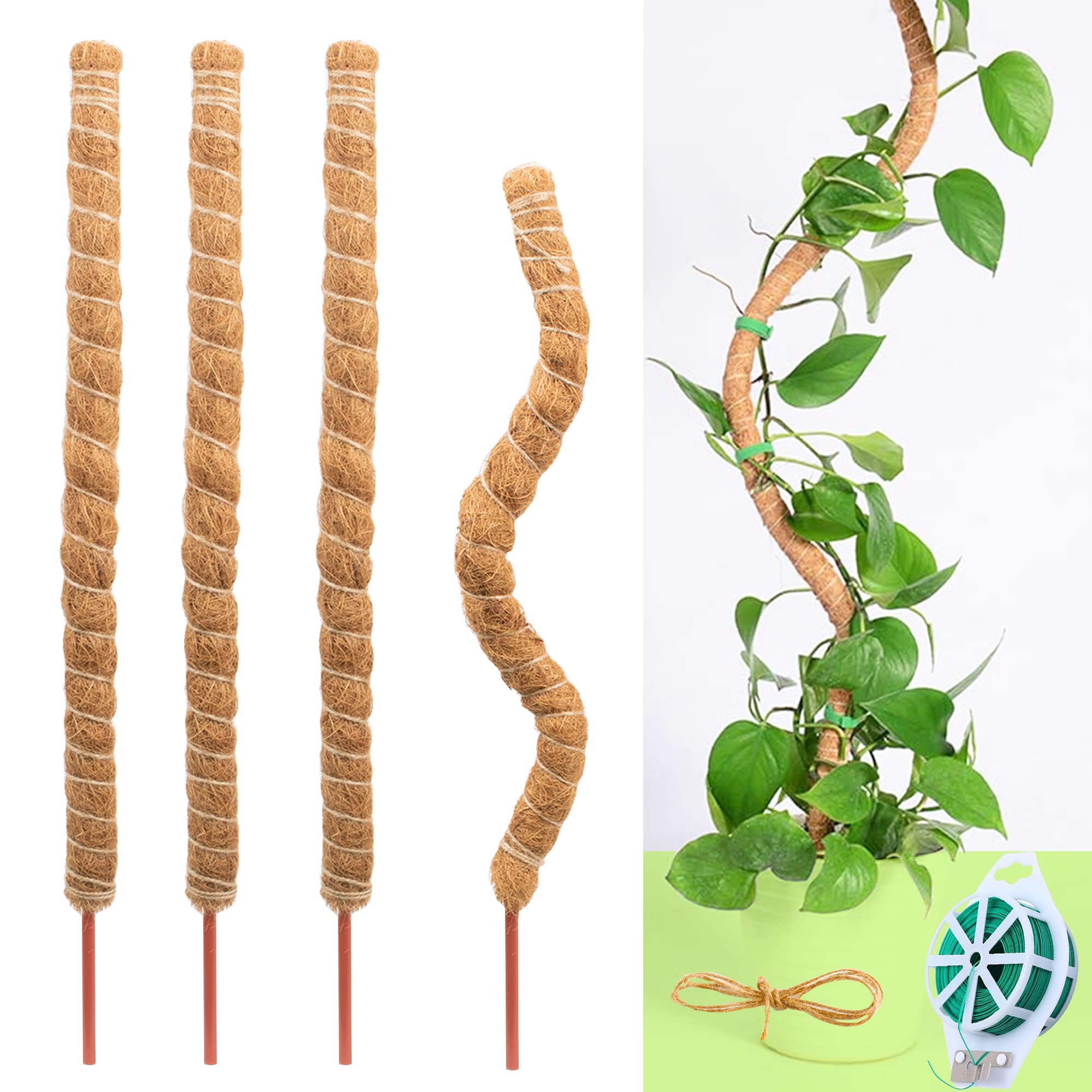 Adjustable 4 PCS Moss Pole for Plant Monstera 28 Inch Bendable Plant Stakes, Handmade Slim Moss Stick, Potted Plants Support Stakes， Perfect for Small Medium Climbing Trellis Plants Growth Indoor