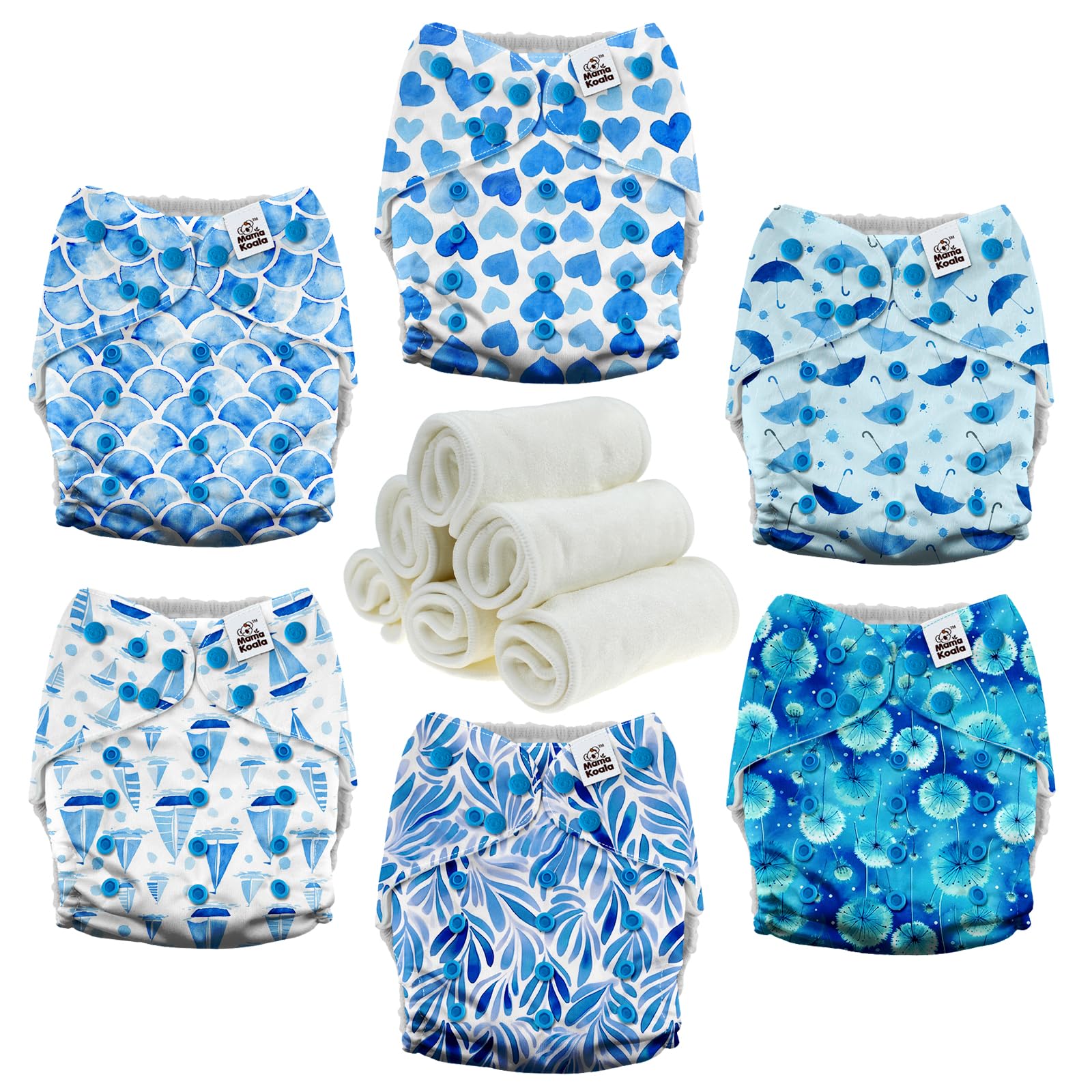 Mama Koala 3.0 Cloth Diapers for Babies with AWJ Lining, 6 Pack with 6 Natural Cloth Diaper Inserts - Reusable and Washable Pocket Diapers (Blue Romance)