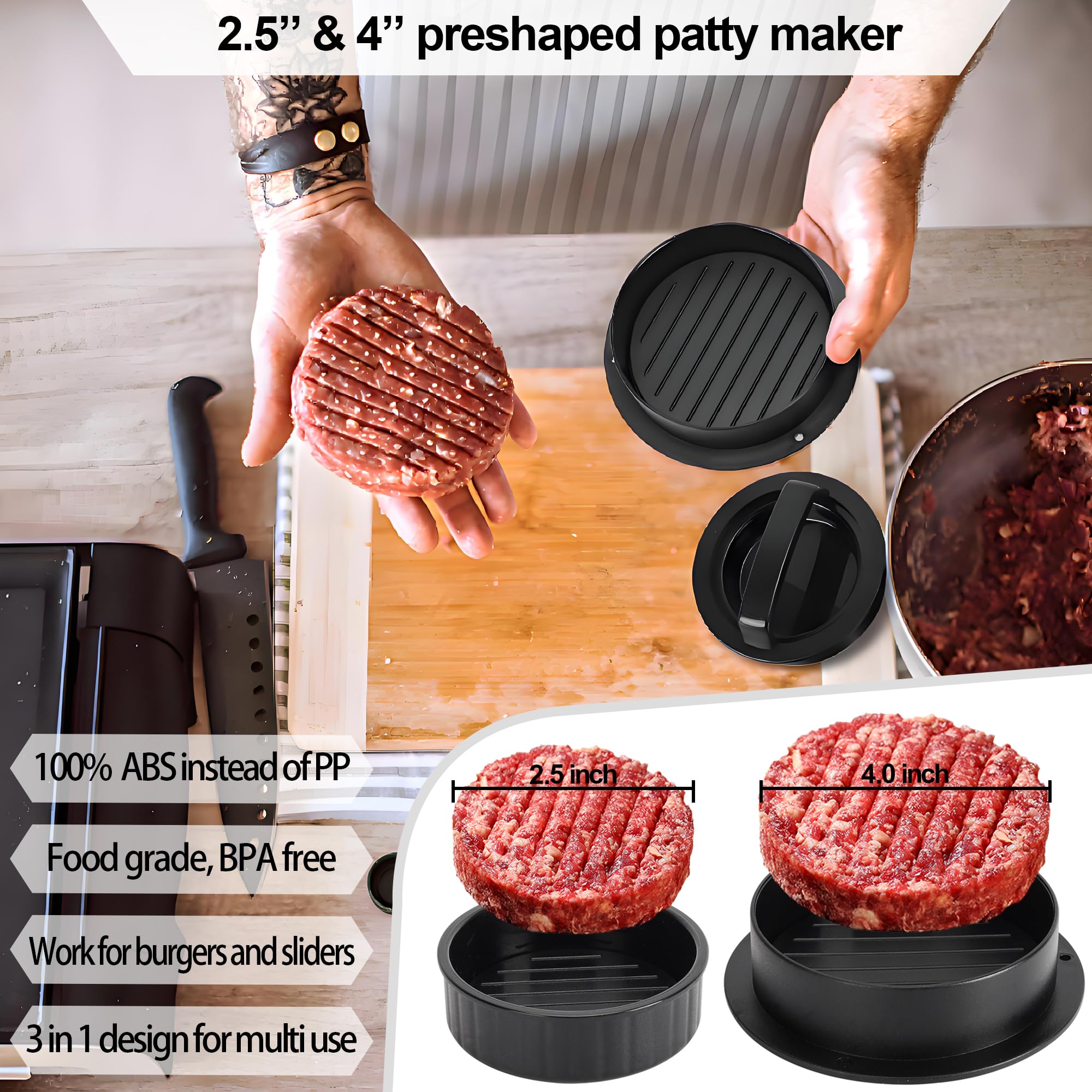 7-teiliges Smash-Burgerpressen-Set – 3-in-1 Hamburgerpresse Patty Maker, 17,8 cm Gusseisen-Burgerpresse, Spatel, antihaftbeschichtete Patty-Papier, Gewürzstreuer und Bürste, Burgerzerkleinerer für