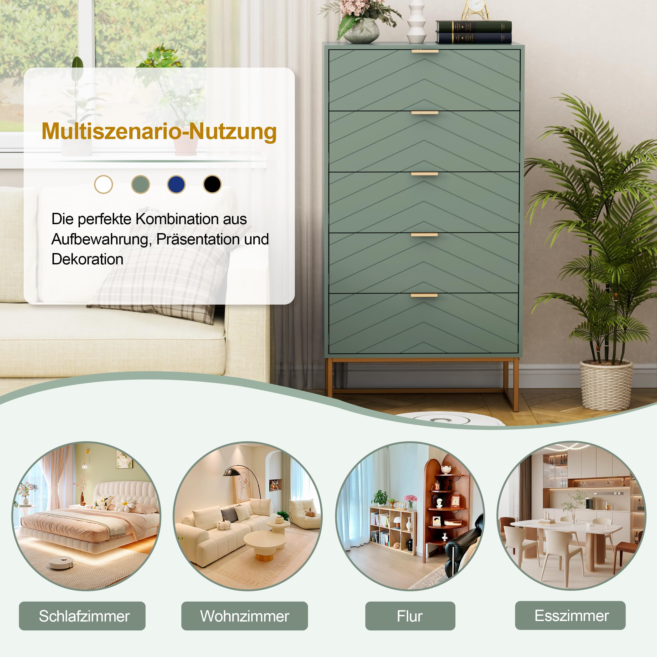 UEV Kommode mit 5 Schubladen Schrank Holz mit Kippsicherung Metallfuß Highboard Sideboard Schmal kommode Beistellschrank für Wohnzimmer Schlafzimmer,Flur 60x34x110cm (grün)