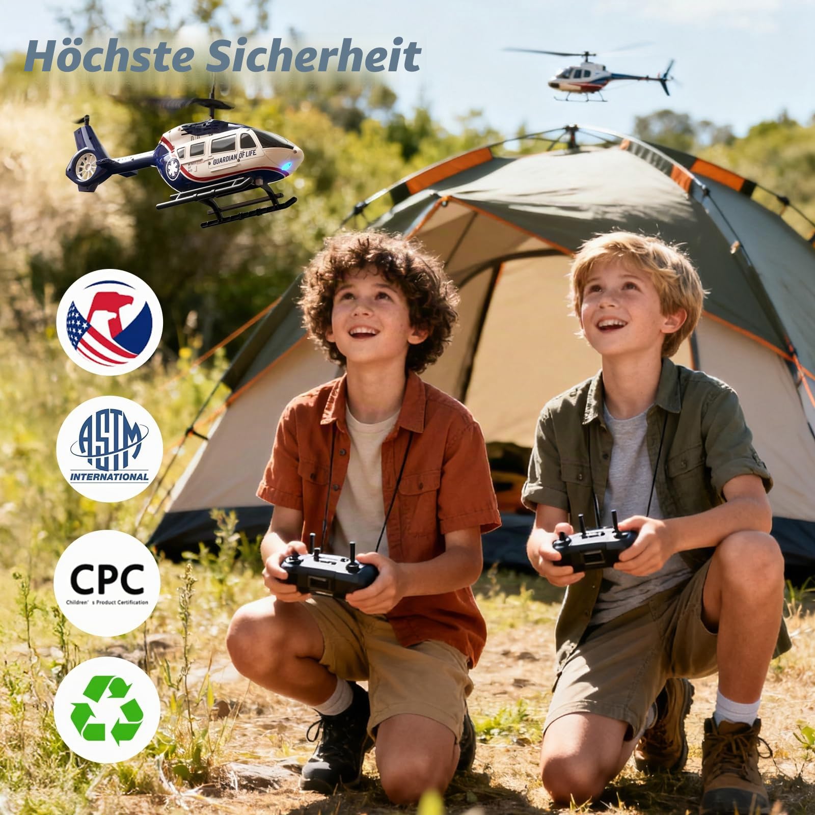 DEERC Ferngesteuerter Hubschrauber für Kinder, RC Militär Rettung mit Höhenhaltung, Start / Landung mit einer Berührung, LED-Licht, Alarm bei schwacher Batterie, Geschenk für Jungen
