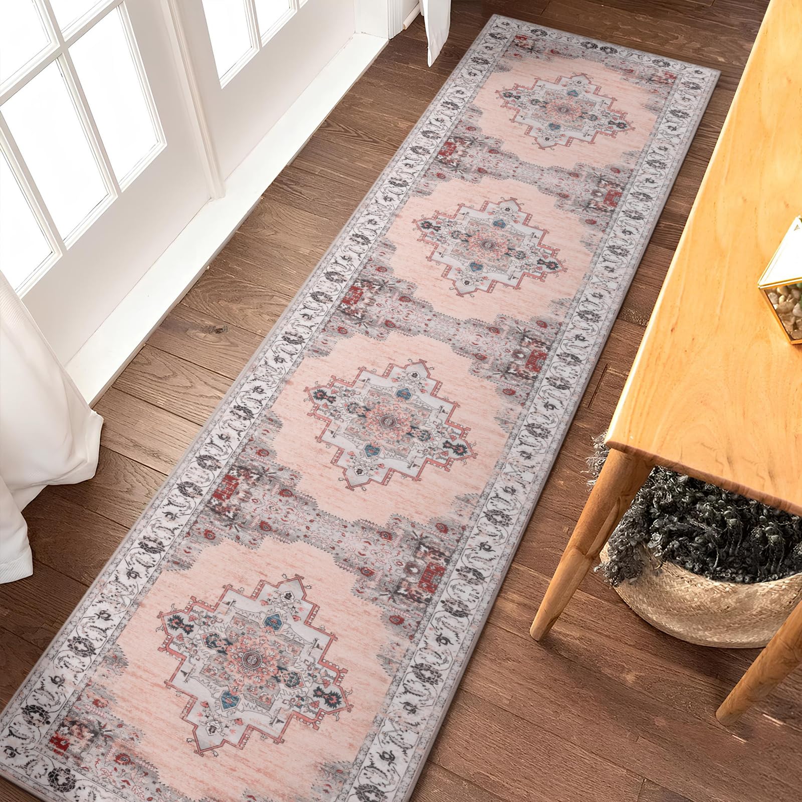 Carvapet Vintage Thin Runner Area Rug Stain Resistant & Machine Washable Home Decor for Bedroom, Hallway, Dining Room, Living Room, and Entryway,2X 10,Pink & Gray