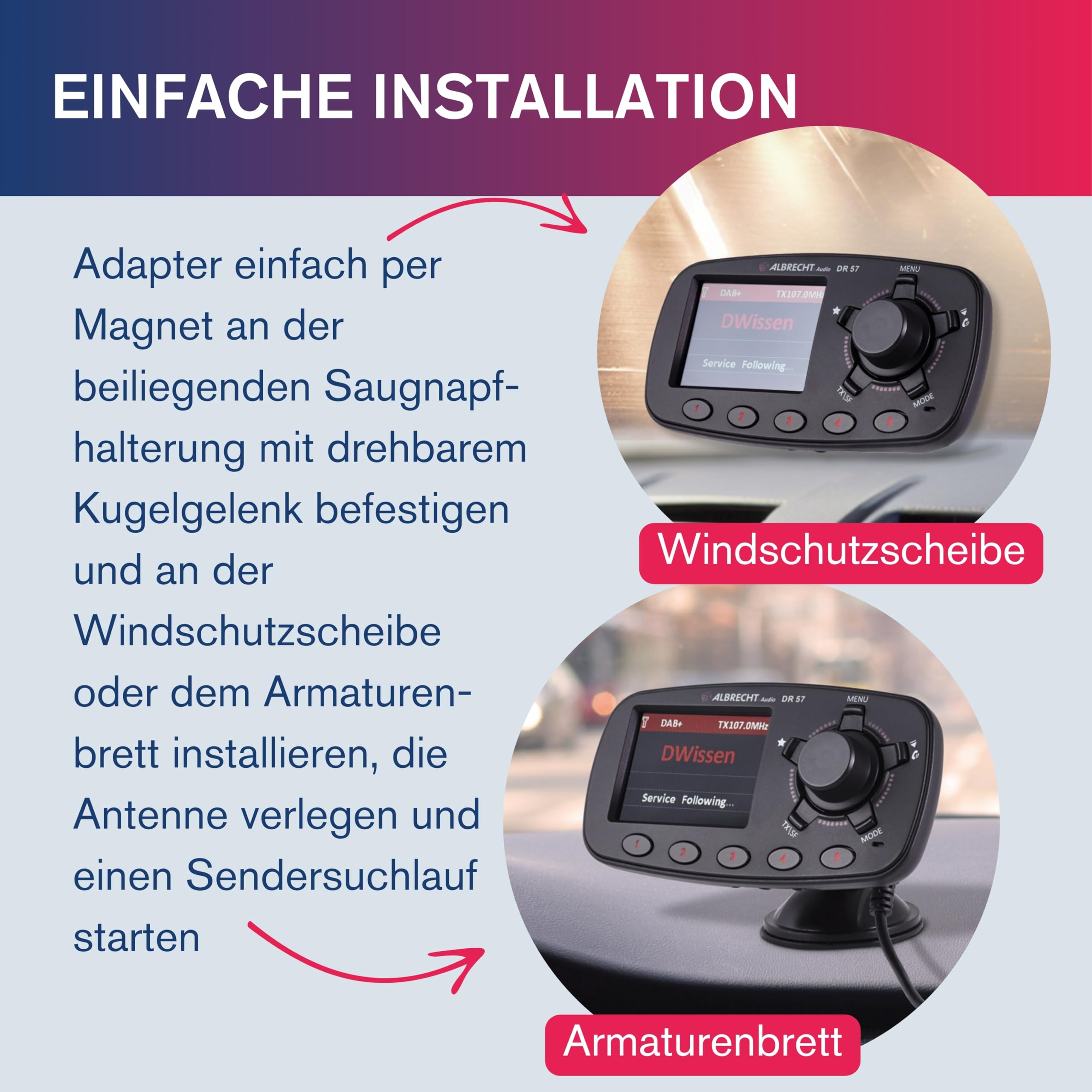 Albrecht DR 57 Adapter zum Aufrüsten von Auto-Radios, 27257, FM-Transmitter für DAB+ Sender und Bluetooth-Verbindung vom Smartphone zum UKW-Radio, schwarz