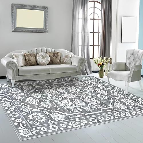 Alfombra oriental vintage floral de 5 x 7 pies con parte trasera de goma, alfombra de área suave y cómoda para sala de estar, dormitorio, debajo de