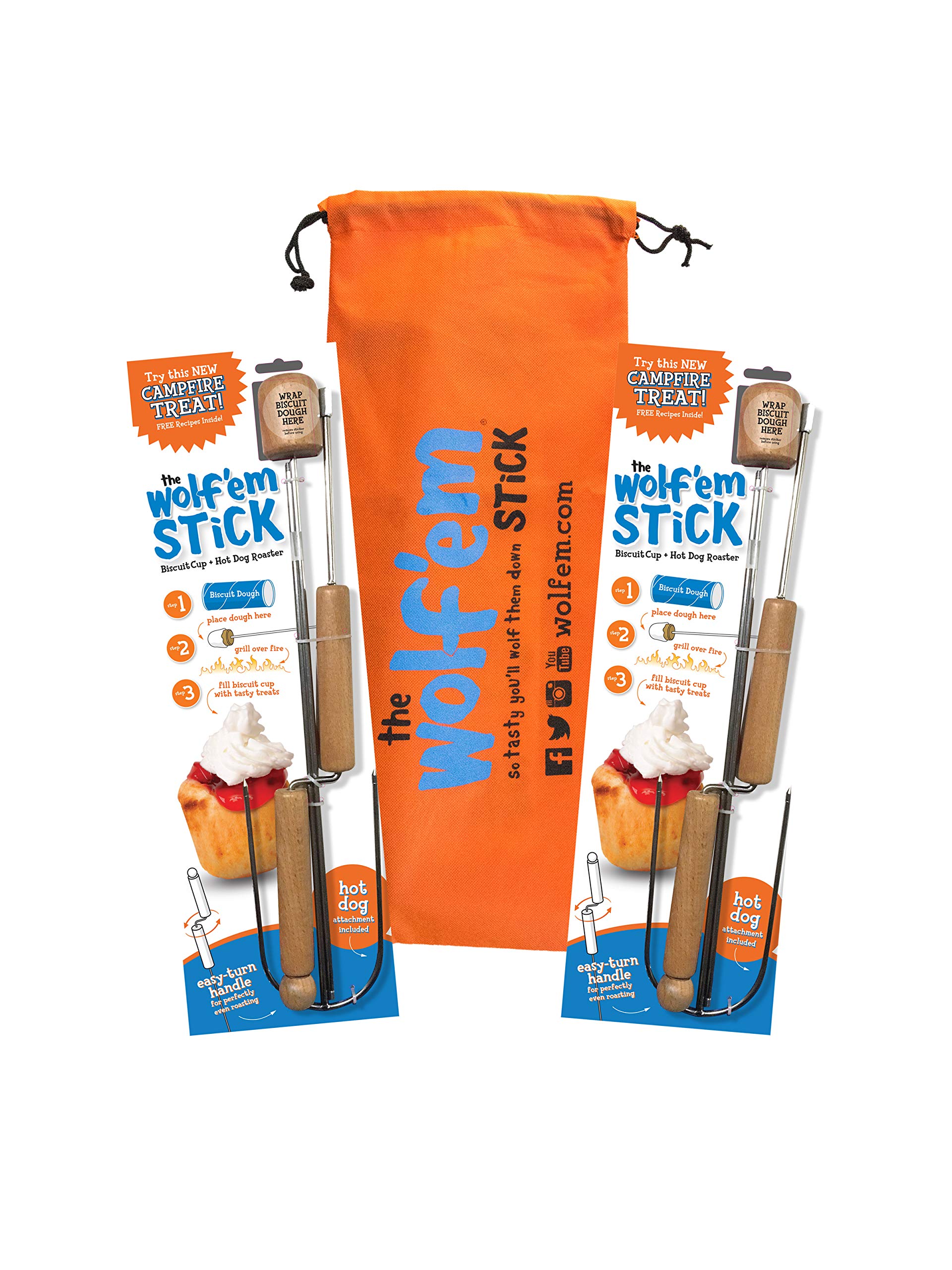 Wolf’em Marshmallow Roasting Stick (set of 2) - Multiple Attachments - Campfire Pie, S’more, and Hot Dog BBQ Roaster | Easy Spin Handles | With Bag