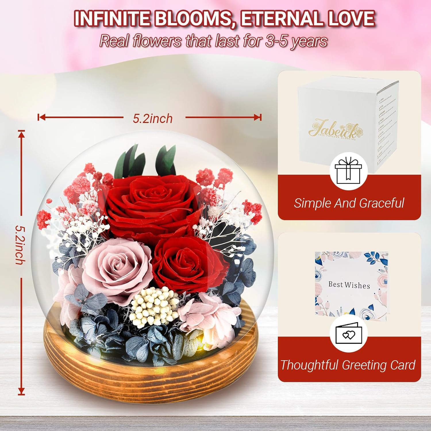 Preserved Flowers Rose in Glass Dome Forever Flowers Eternal Roses with Light Long-Lasting Real Flowers Mothers Day Birthday for Women Mom Grandma, Red - Image 5