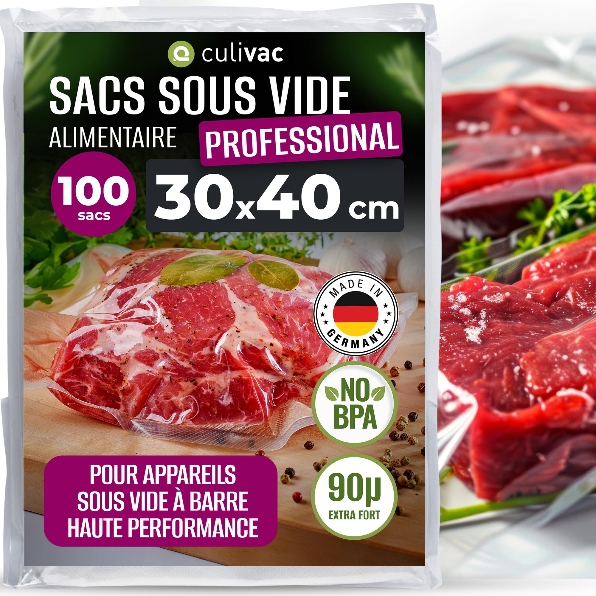 culivac Sac Sous Vide Alimentaire – Professional, 30x40cm, 100 Sacs