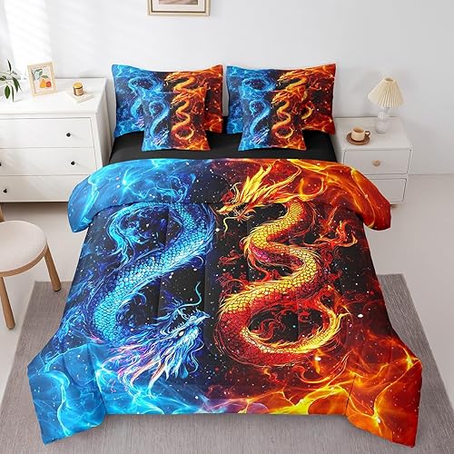 Feelyou Ice Fire Dragon Comforter Set Queen Size 7 Pieces for Kids Red Blue Drag
