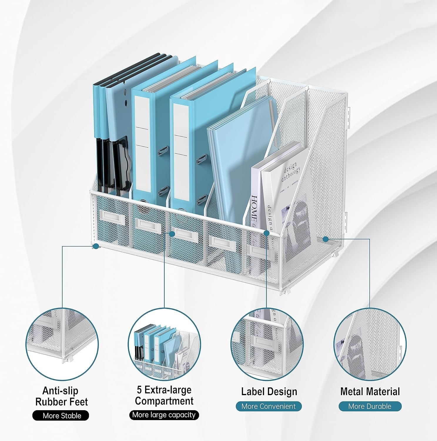 Portariviste in metallo per scrivania con 5 scomparti verticali, portariviste da scrivania, organizer per ufficio, casa, spazio di lavoro, bianco Plus