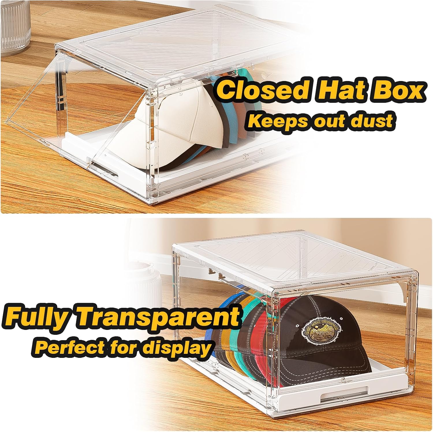 Hat Organizer for Baseball Caps 2 Pack, Clear Hat Holder Box Containers with Drawer Stackable Cap Storage Display Case for Hats Snapback Cap