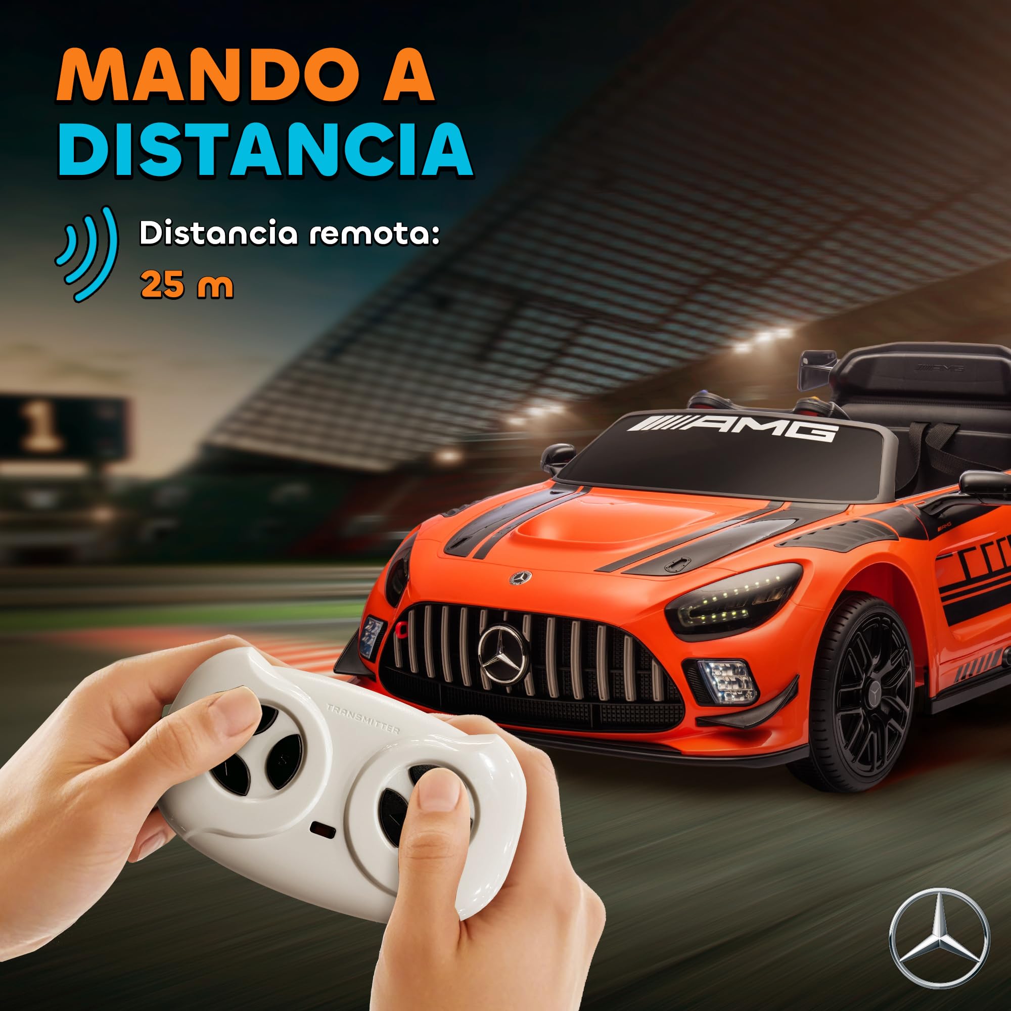 AIYAPLAY Coche Eléctrico para Niños Mercedes-AMG GT3 EVO 12V Faros Naranja | Mando a Distancia 2,4 G, Motor Doble, Ruedas Auxiliares, Asa de Arrastre, Música Inalámbrica