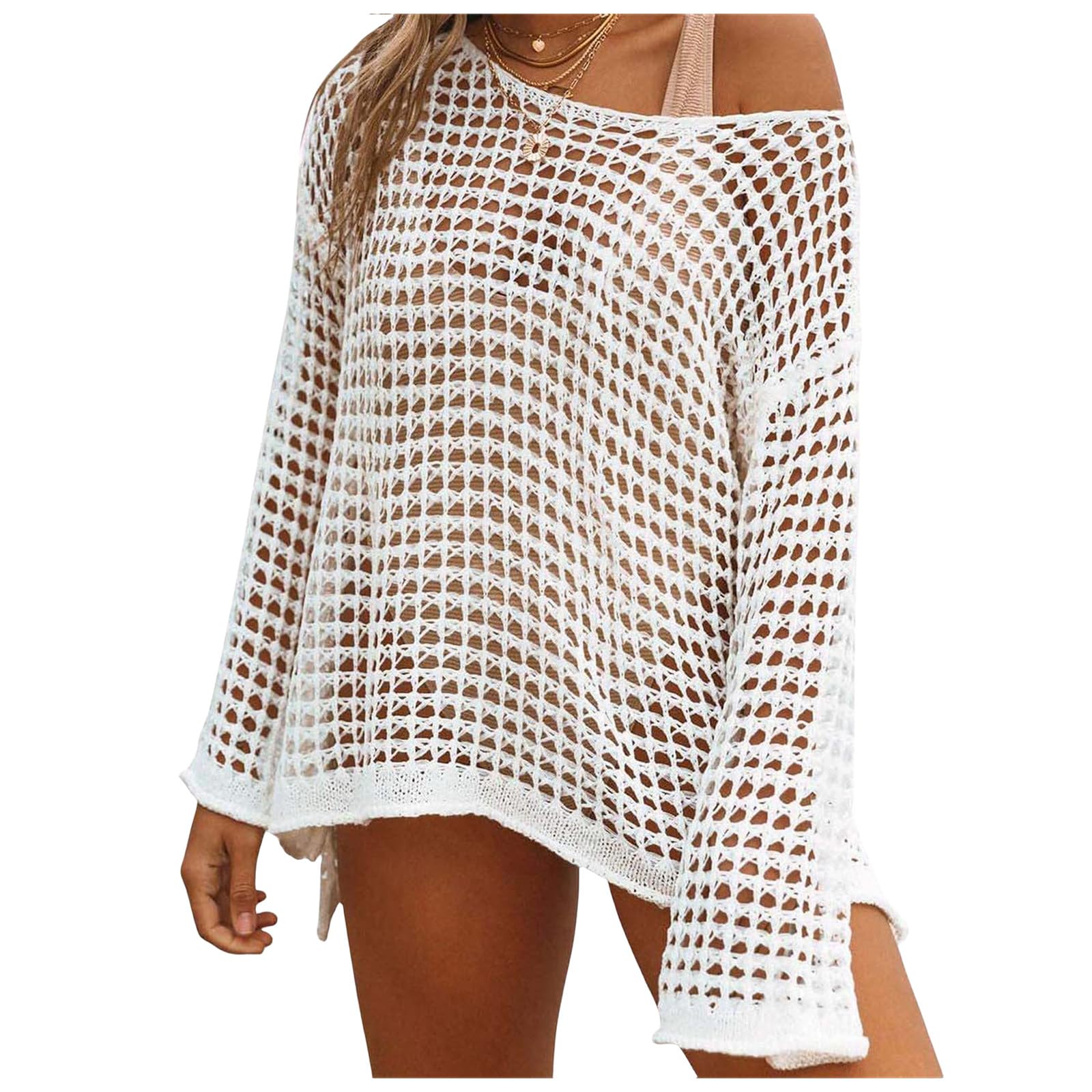 Womens Crochet Cover Up Mesh Hollow Out Bikini Cover Ups Long Sleeve Sexy Swimwear Summer Swimsuit Vacation Outfits
