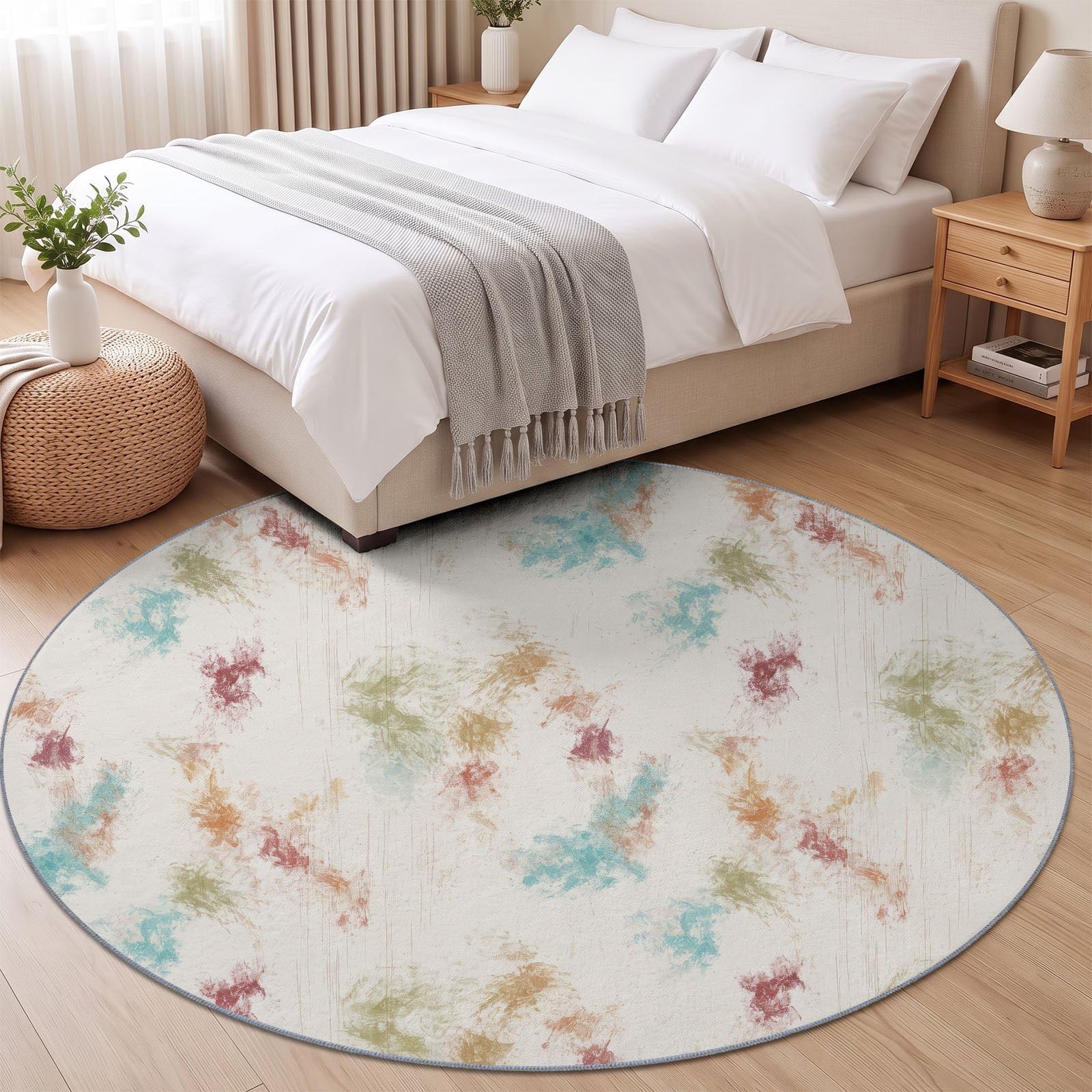 Tapis Rond Abstrait Moderne 120 cm, Éclaboussure Géométrique Lavable en Machine pour Salon, Multicolore Antidérapant, Poil Court Tapis Rond Imprimé pour Chambre d’Enfant Nurserie