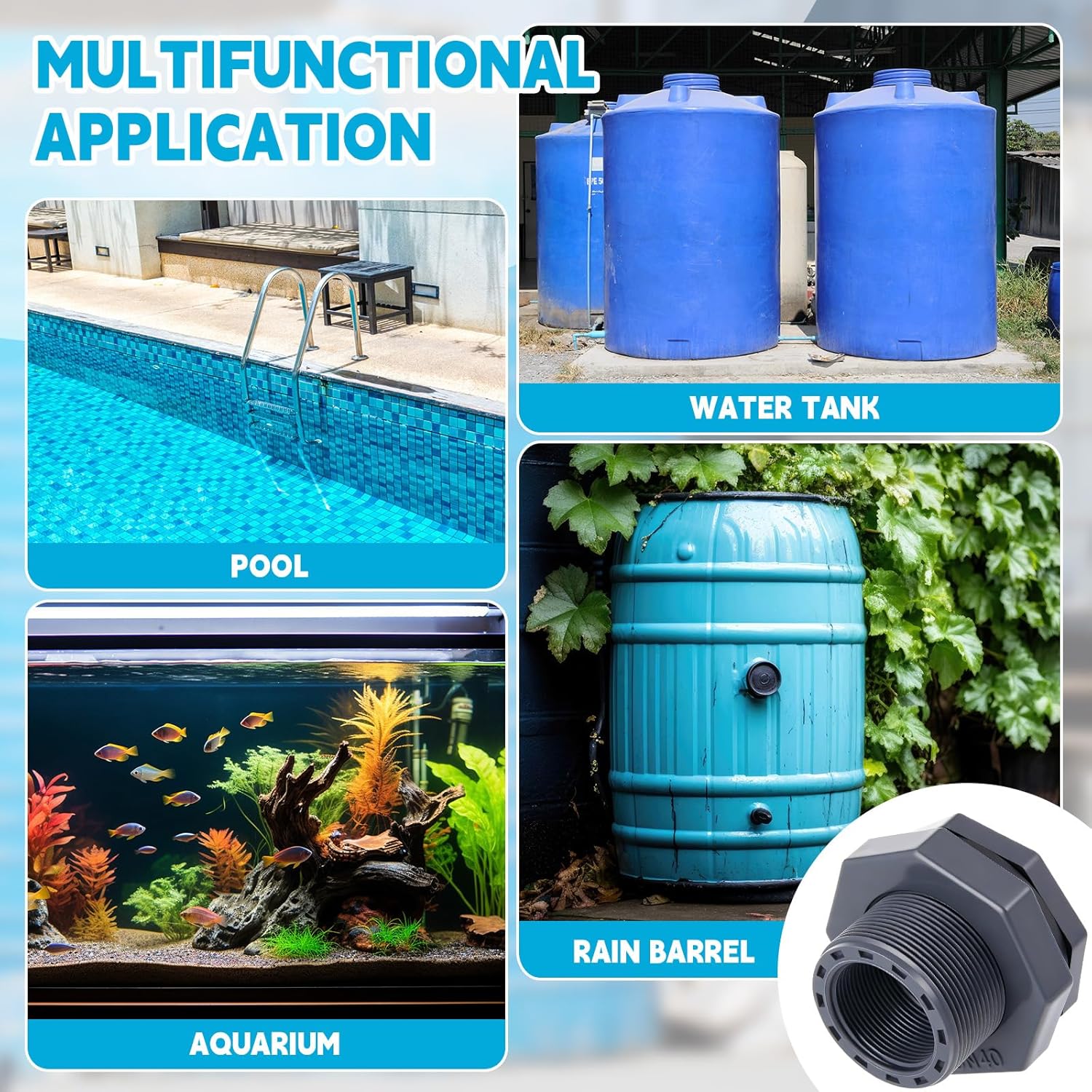 2 Pcs 1-1/2 Inch Bulkhead Fitting PVC Water Tank Connector Plumbing Pipe Threaded Bulkhead Fitting NPT for Rain Barrels, Water Tanks, Aquariums, Tubs, Pools