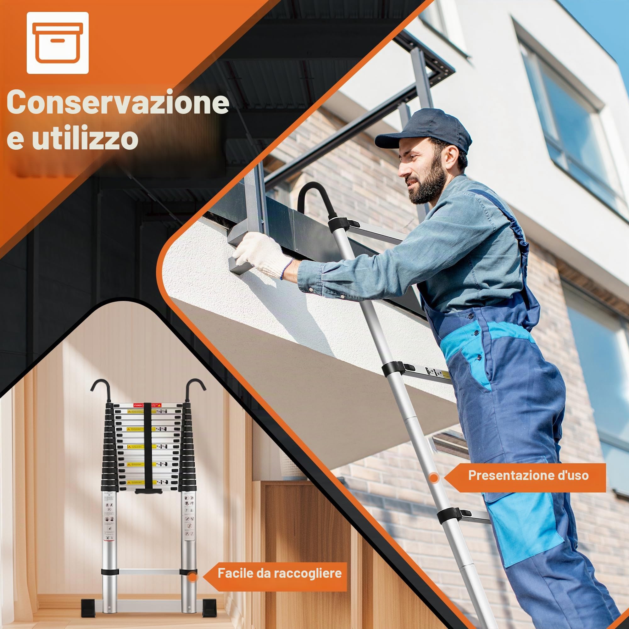 TEENO Scala Telescopica 6,2 M, Scala Telescopica in Alluminio con Barra Stabilizzatrice e Gancio Rimovibile, Scala Pieghevole Portatile per Riparazioni Domestiche, Carico Max 150 KG