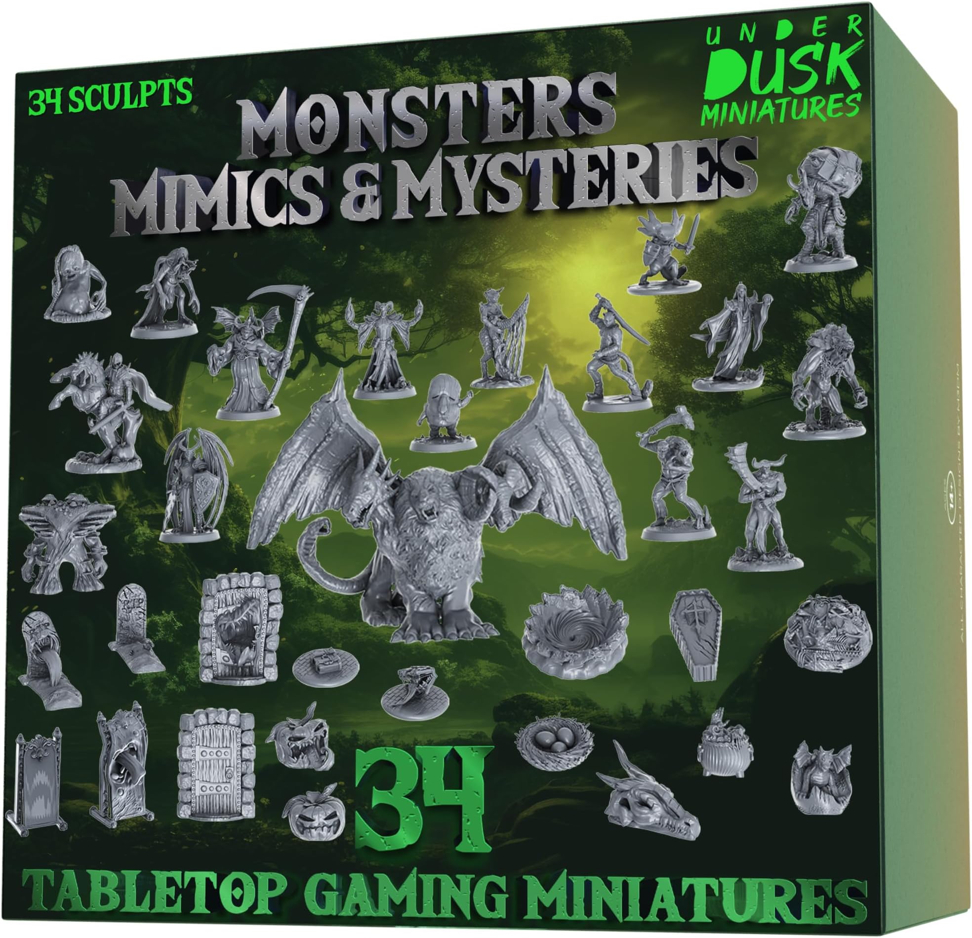 D&D Miniatures with DND Mimic & Monster Mini Set with Chimera Boss, 28mm | Includes 7 dungeon terrain pieces and digital 5e stat blocks, 16 monsters in durable gray 28mm PVC for tabletop play