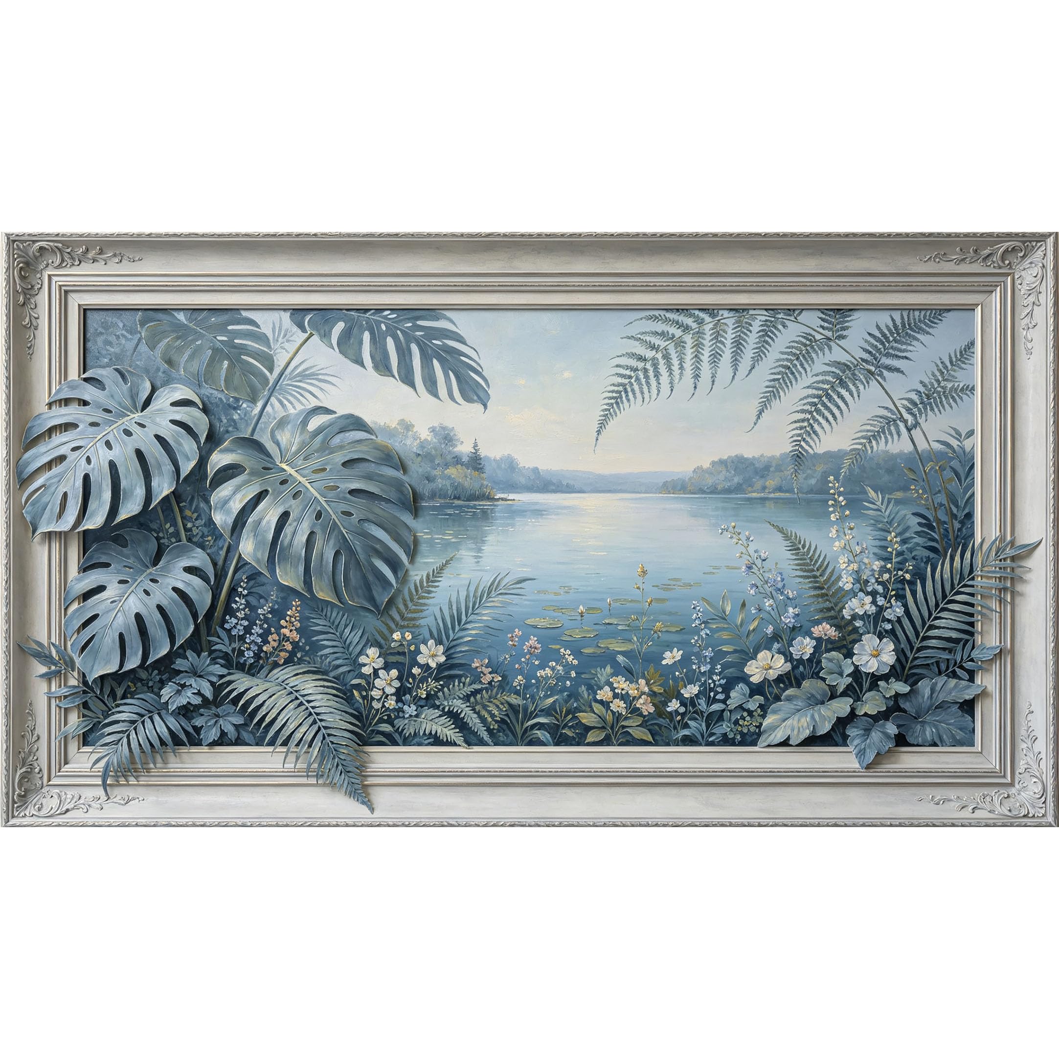QZLITHOTIC 50×100cm 3D Framed Wall Art， Botanical Lake View Landscape Self?Adhesive Mural， Water?Activated Peel & Stick Fabric Decor Wall Decal for Bedroom Living Room