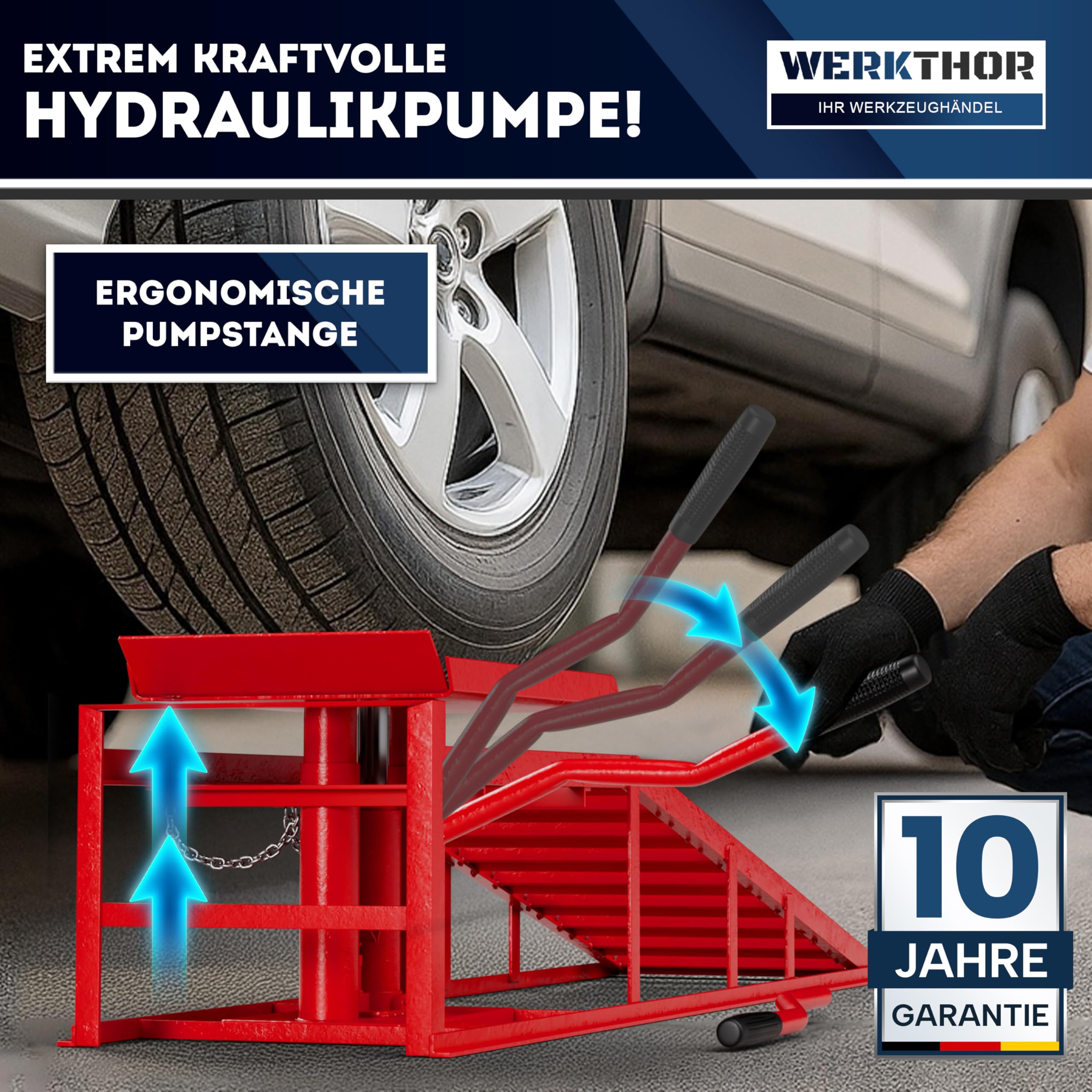 WERKTHOR Rampa idraulica per auto (Set da 2 Rosso) – rampa di carico con valvola di sicurezza/sovrapressione [<4T] – rampa regolabile in altezza auto – ponte sollevatore auto