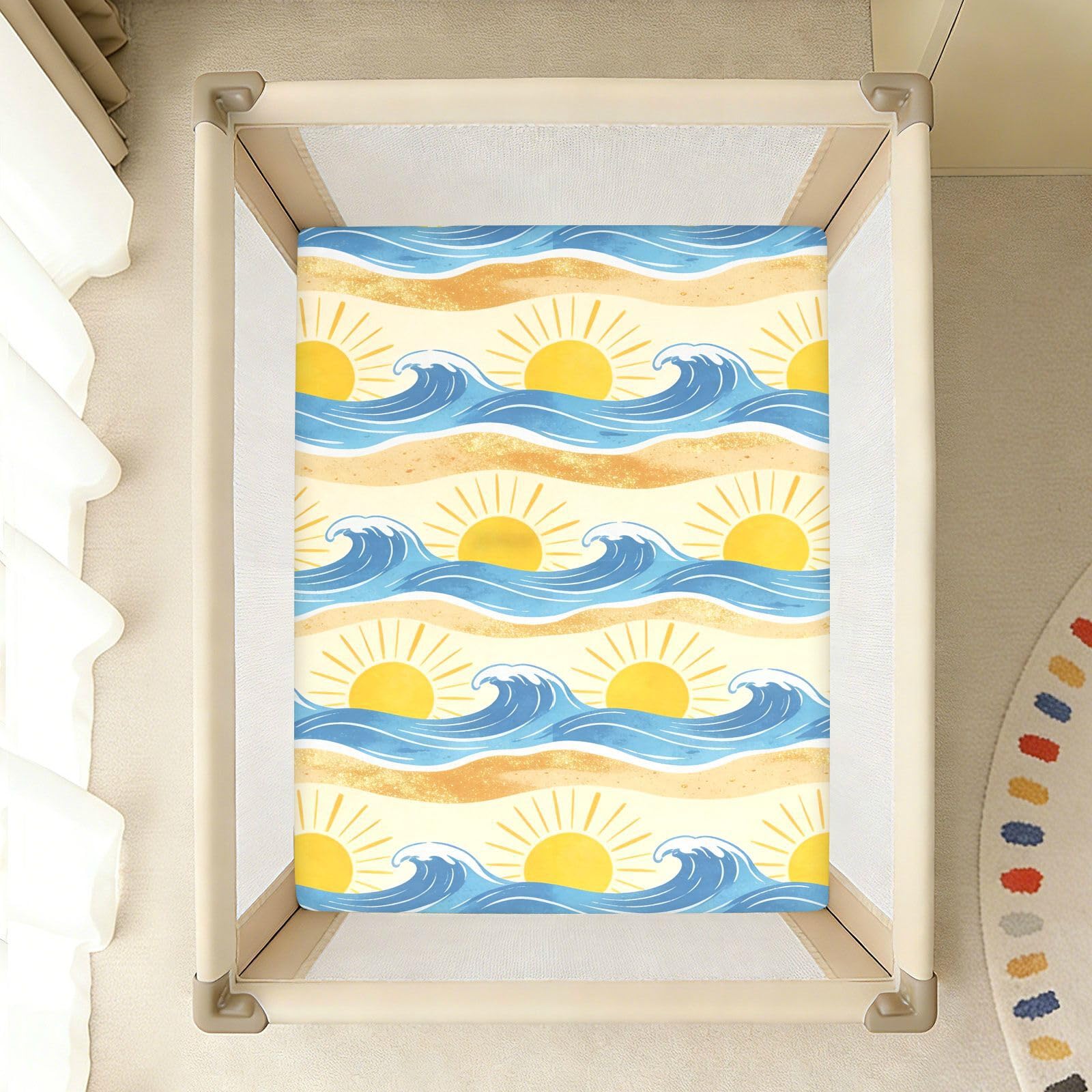 Waves Sun Summer Beach - Sábanas para cuna de bebé, niños y niñas, de algodón, suaves, elásticas, unisex, para cuna, 1 paquete de decoración para cuna de cuna de bebé