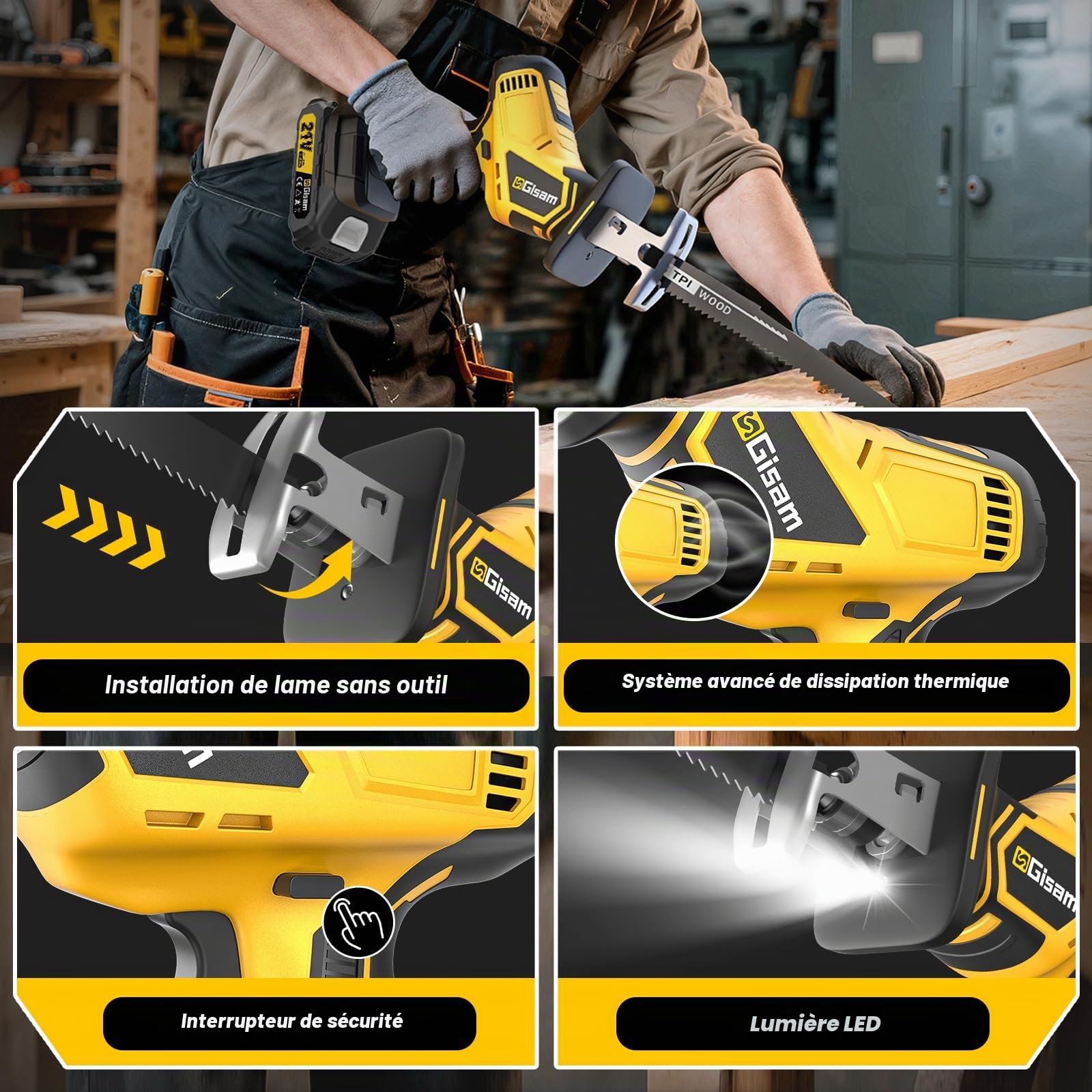 Gisam Scie Sabre sans fil 21V, 3500 spm, Moteur sans Balais Silencieux, 2 Batteries de 4,0 Ah et 8 Lames de Scie, Scie éLectrique à Queue de Renard pour Bois, MéTal, Pvc